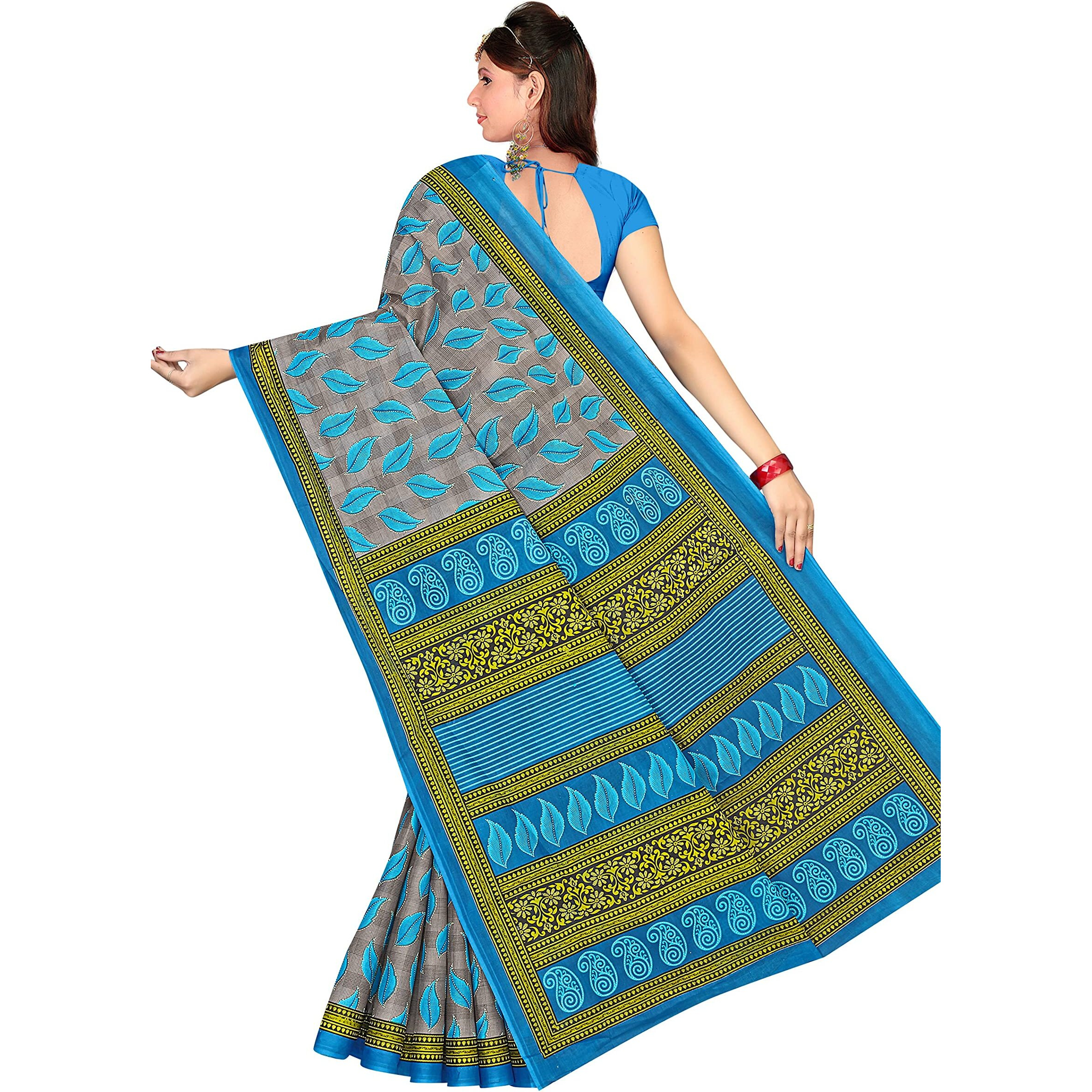 TAMAIRA FASHION Womens Plain Weave Pure Cotton Saree Without Blouse Piece(1354_Grey&PeacockBlue)