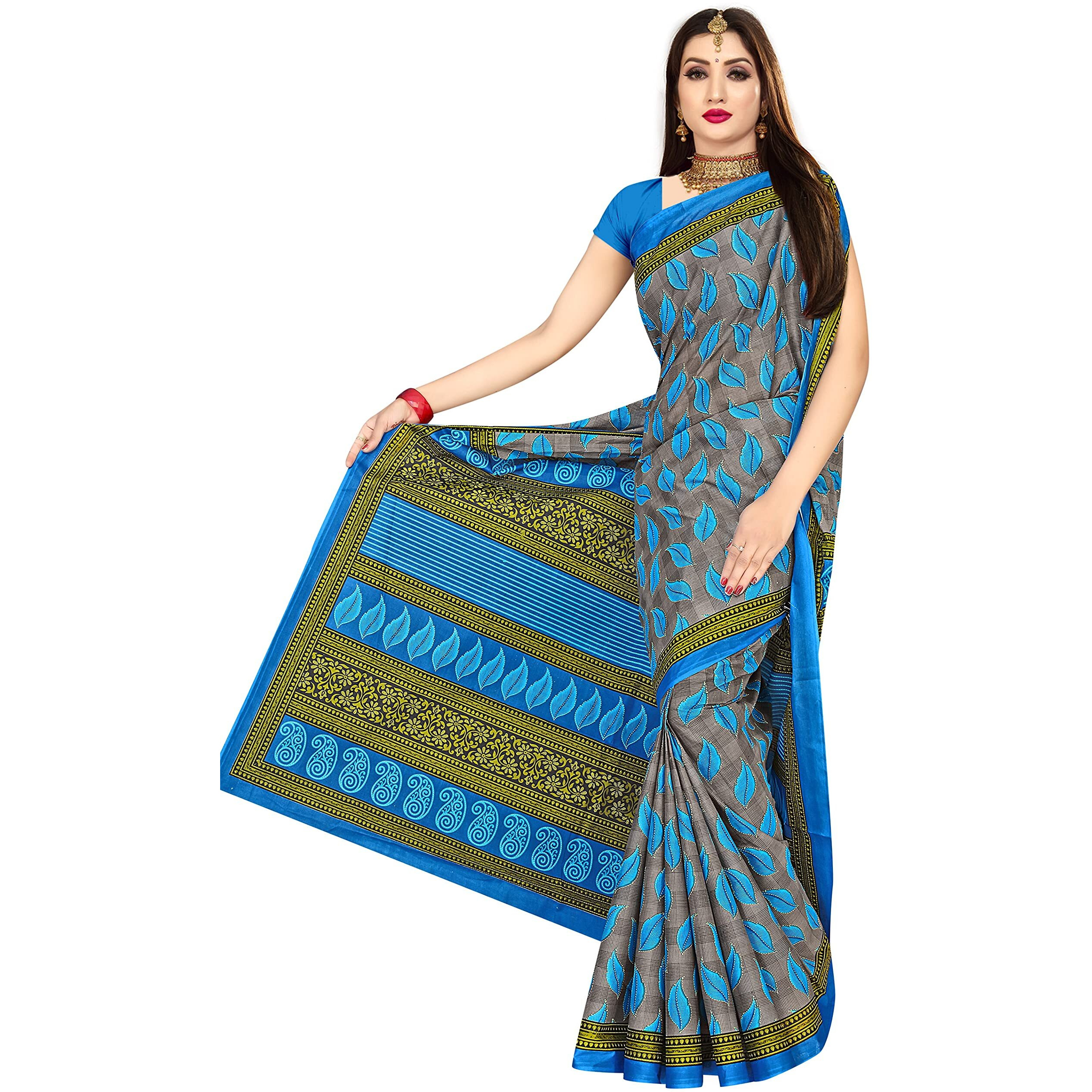 TAMAIRA FASHION Womens Plain Weave Pure Cotton Saree Without Blouse Piece(1354_Grey&PeacockBlue)