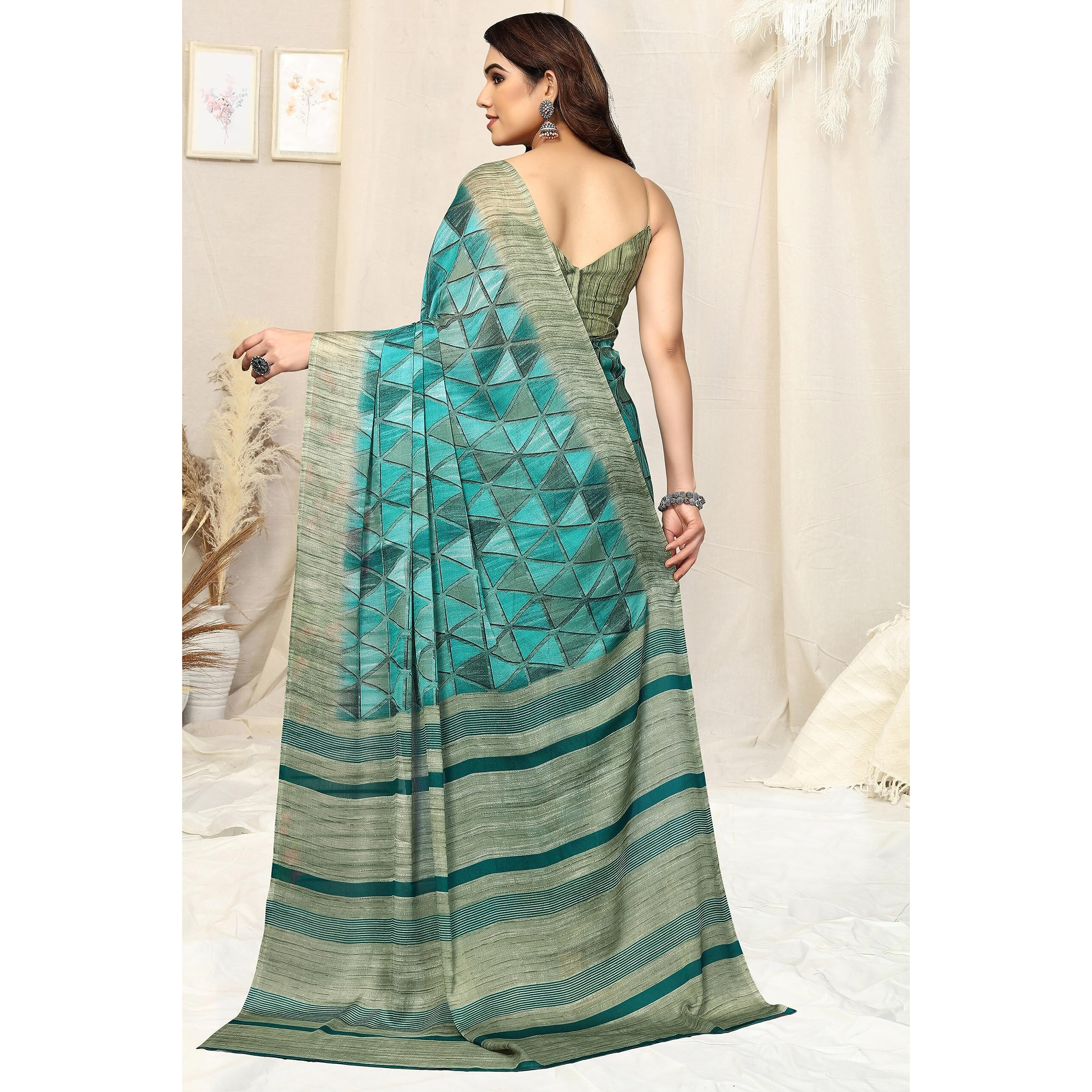 MIRCHI FASHION Womens Chiffon Geometric Printed Saree with Blouse Piece (39101-Turquoise, Turquoise)