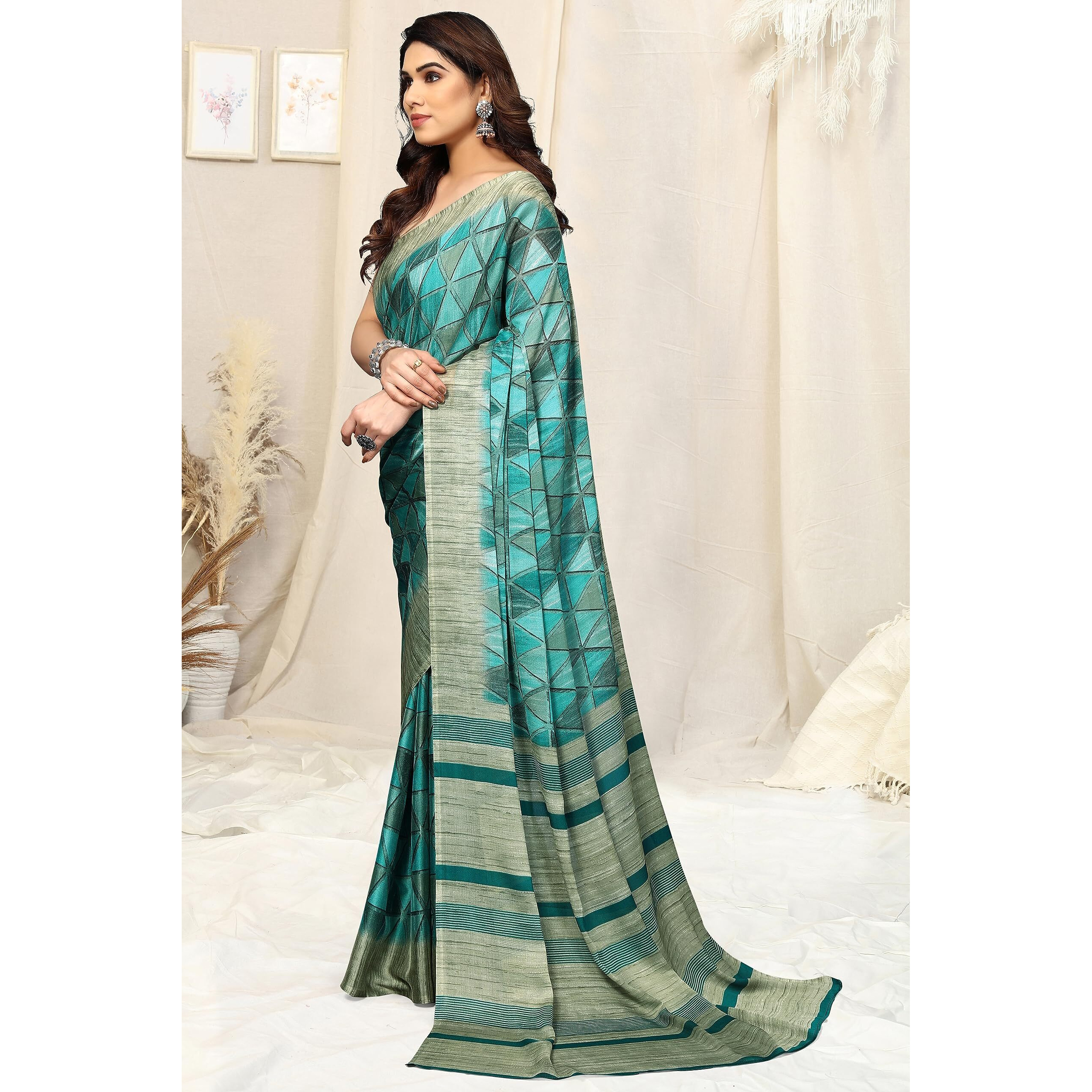 MIRCHI FASHION Womens Chiffon Geometric Printed Saree with Blouse Piece (39101-Turquoise, Turquoise)