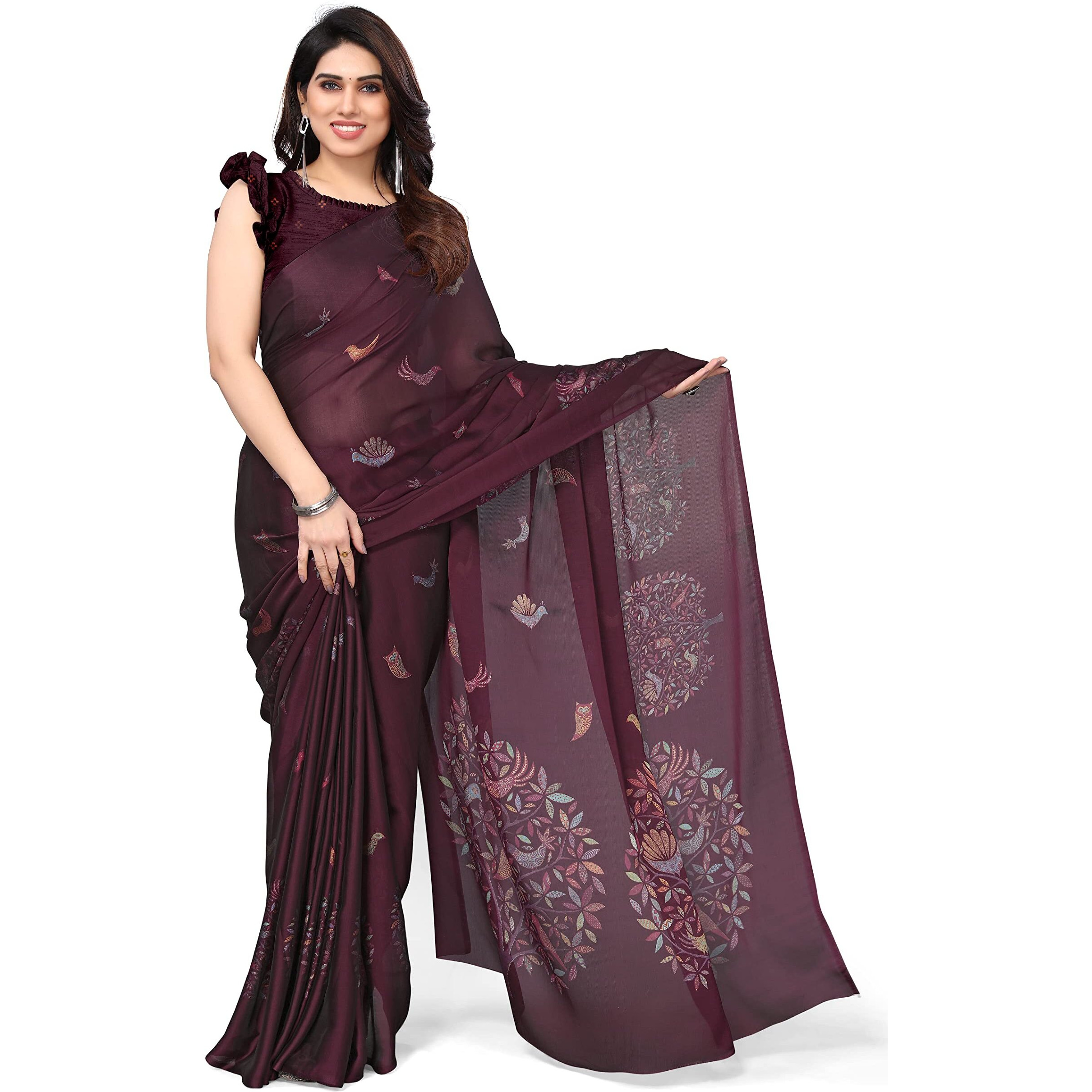 MIRCHI FASHION Womens Plain Weave Chiffon Madhubani Printed Saree with Blouse Piece (37965-Wine, Multi)
