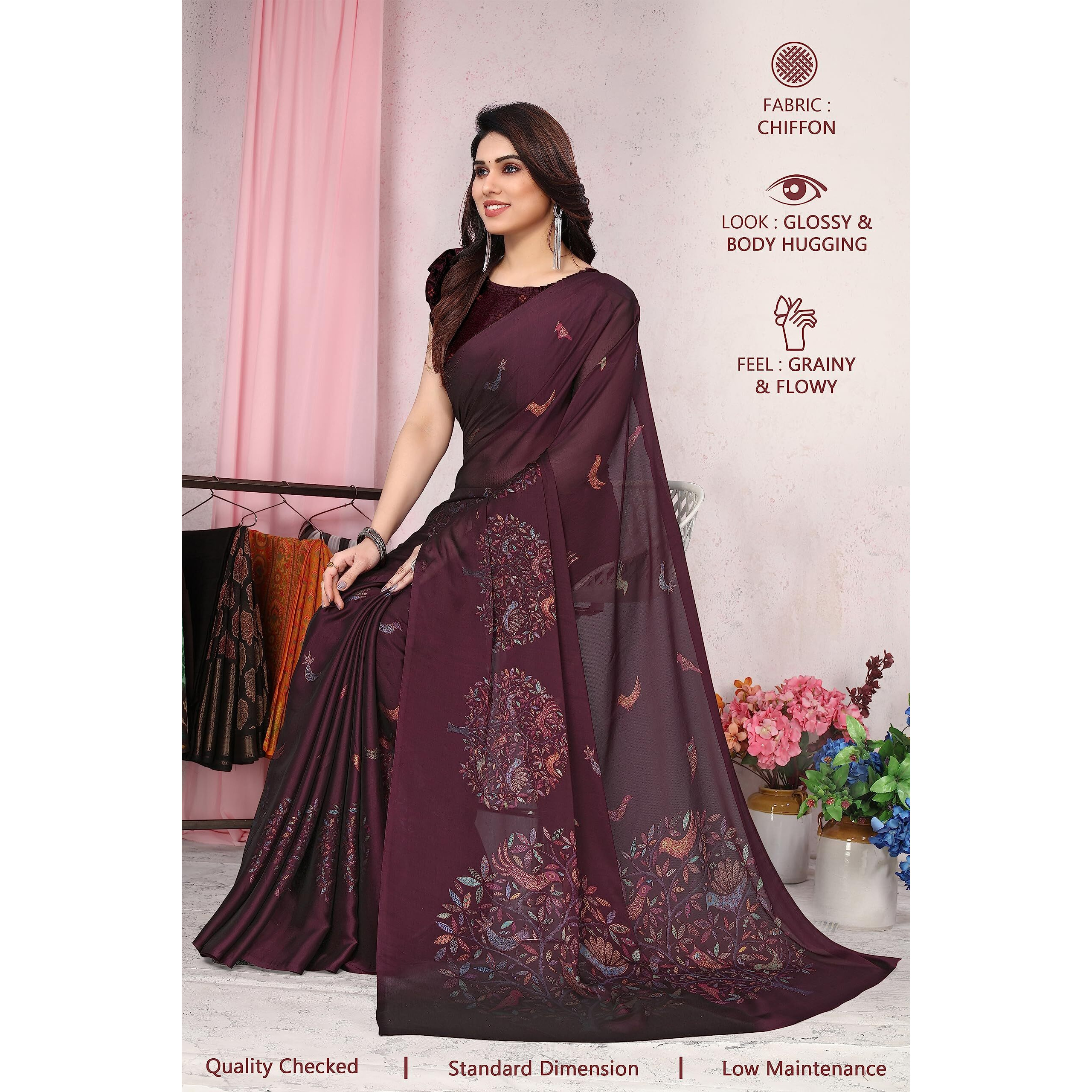 MIRCHI FASHION Womens Plain Weave Chiffon Madhubani Printed Saree with Blouse Piece (37965-Wine, Multi)