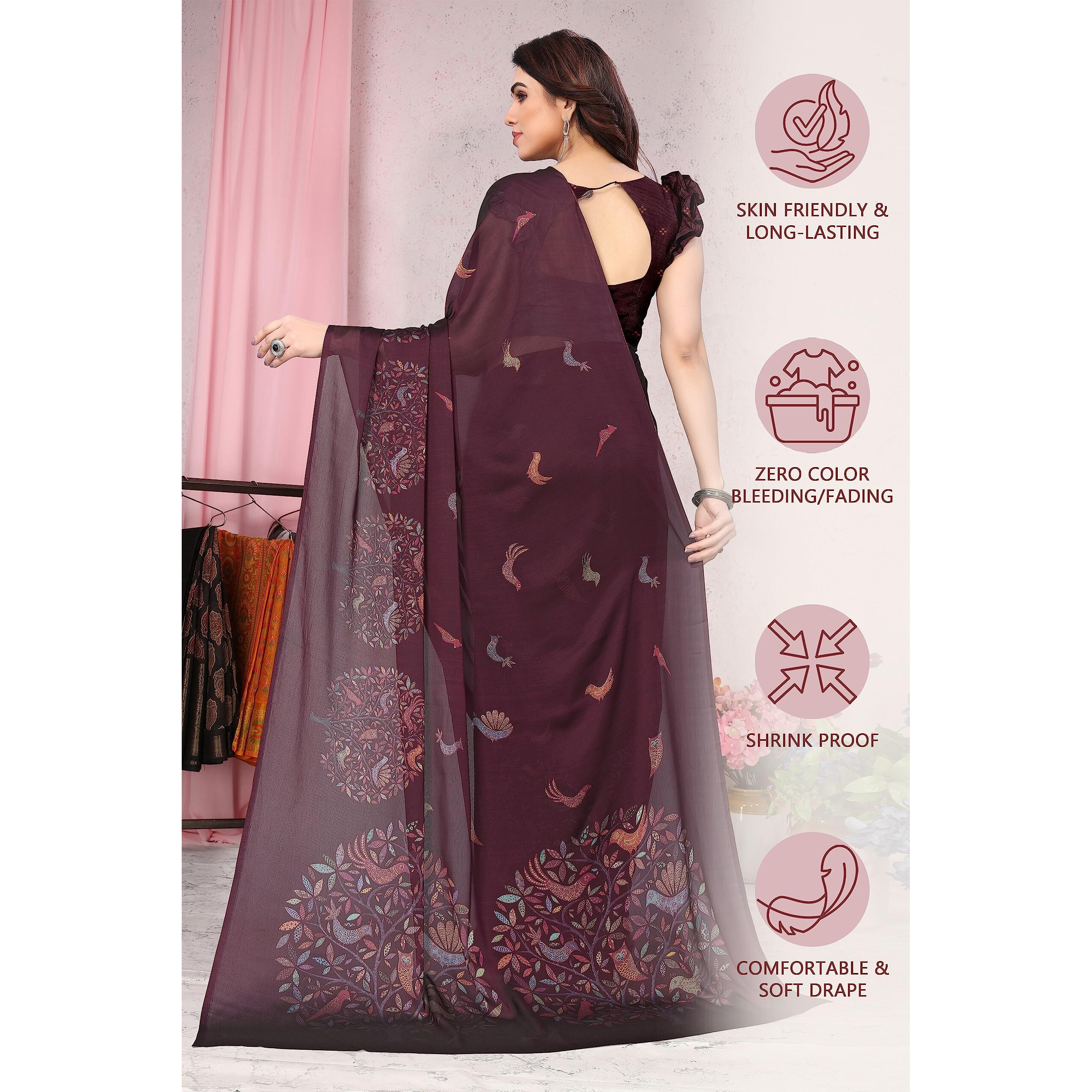 MIRCHI FASHION Womens Plain Weave Chiffon Madhubani Printed Saree with Blouse Piece (37965-Wine, Multi)
