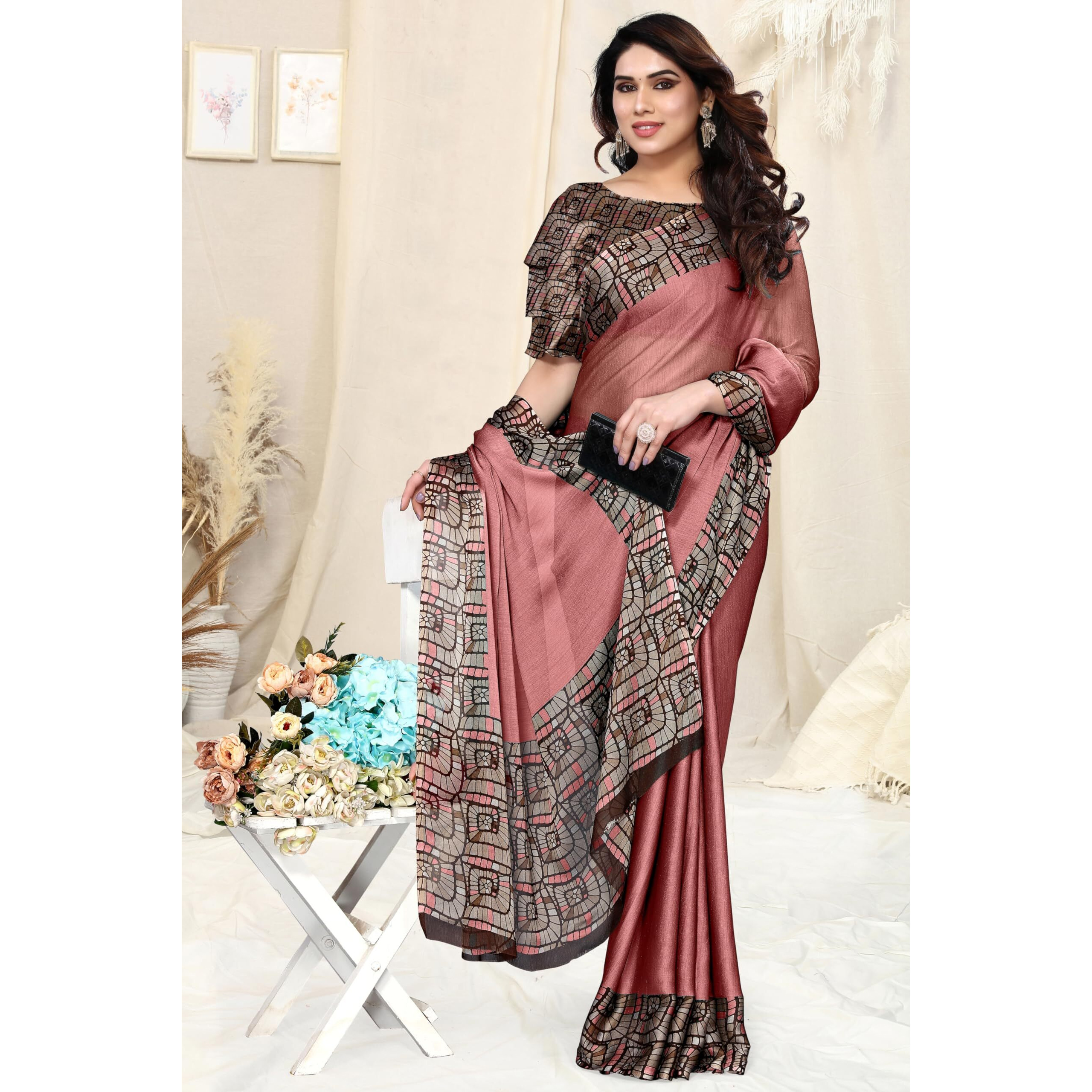 MIRCHI FASHION Womens Chiffon Contrast Border Printed Solid Saree with Blouse Piece (39704-Dusty Pink)