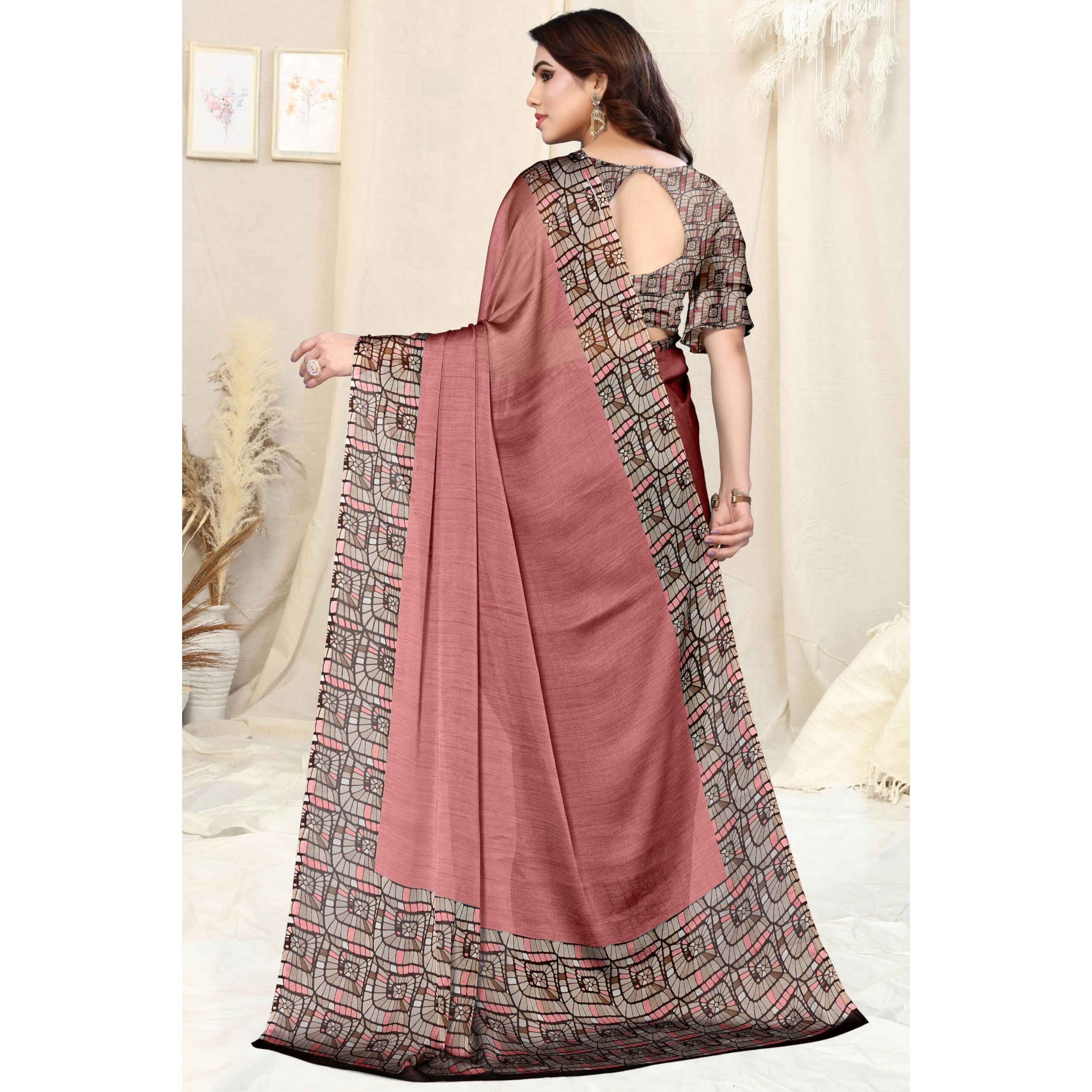 MIRCHI FASHION Womens Chiffon Contrast Border Printed Solid Saree with Blouse Piece (39704-Dusty Pink)