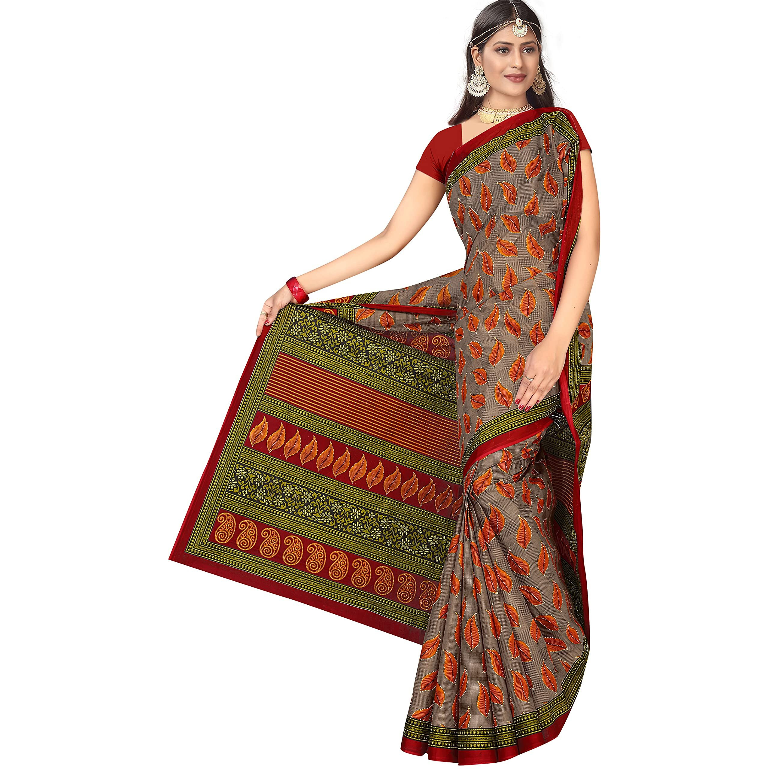 TAMAIRA FASHION Womens Plain Weave Pure Cotton Saree Without Blouse Piece(1354_Beige&Maroon)
