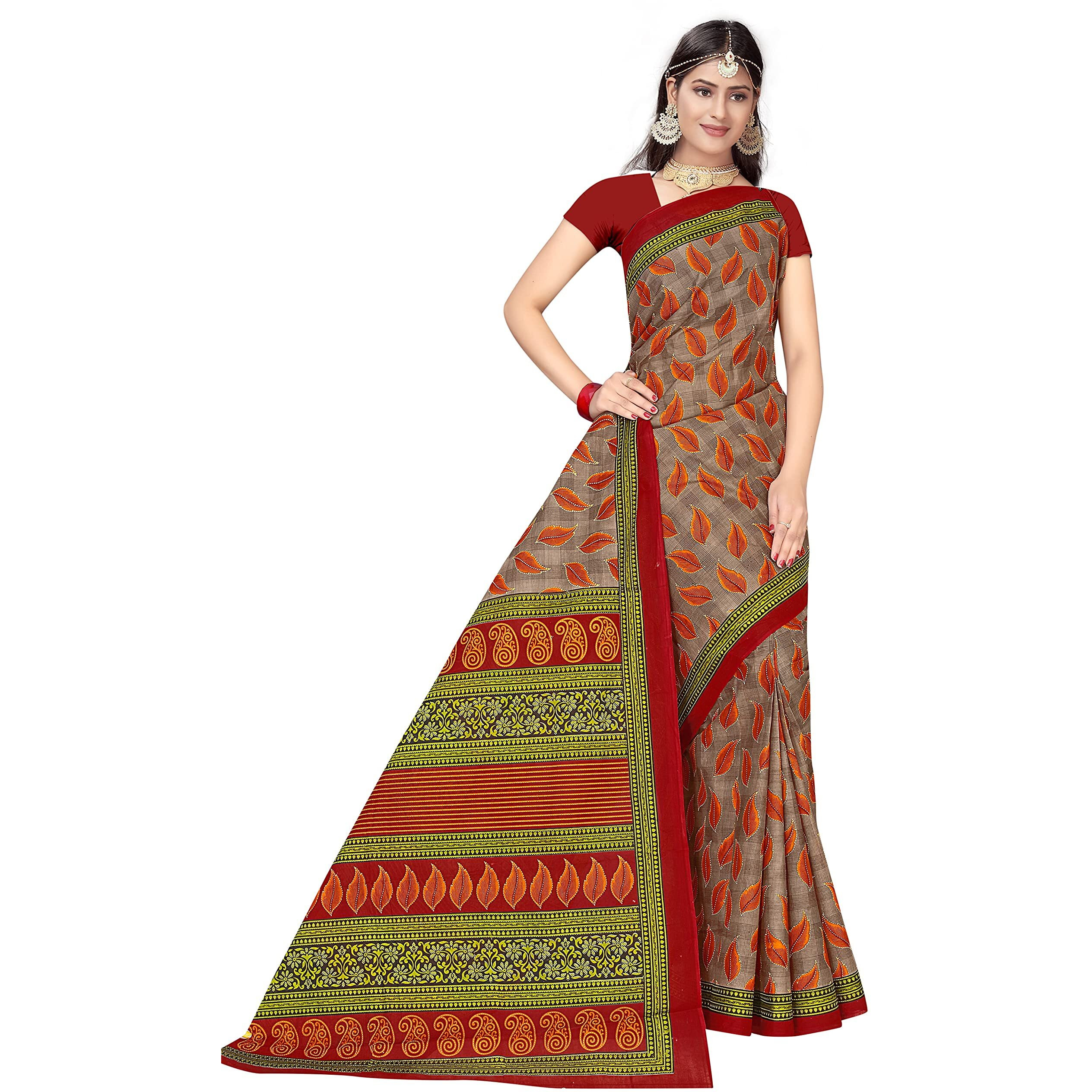 TAMAIRA FASHION Womens Plain Weave Pure Cotton Saree Without Blouse Piece(1354_Beige&Maroon)