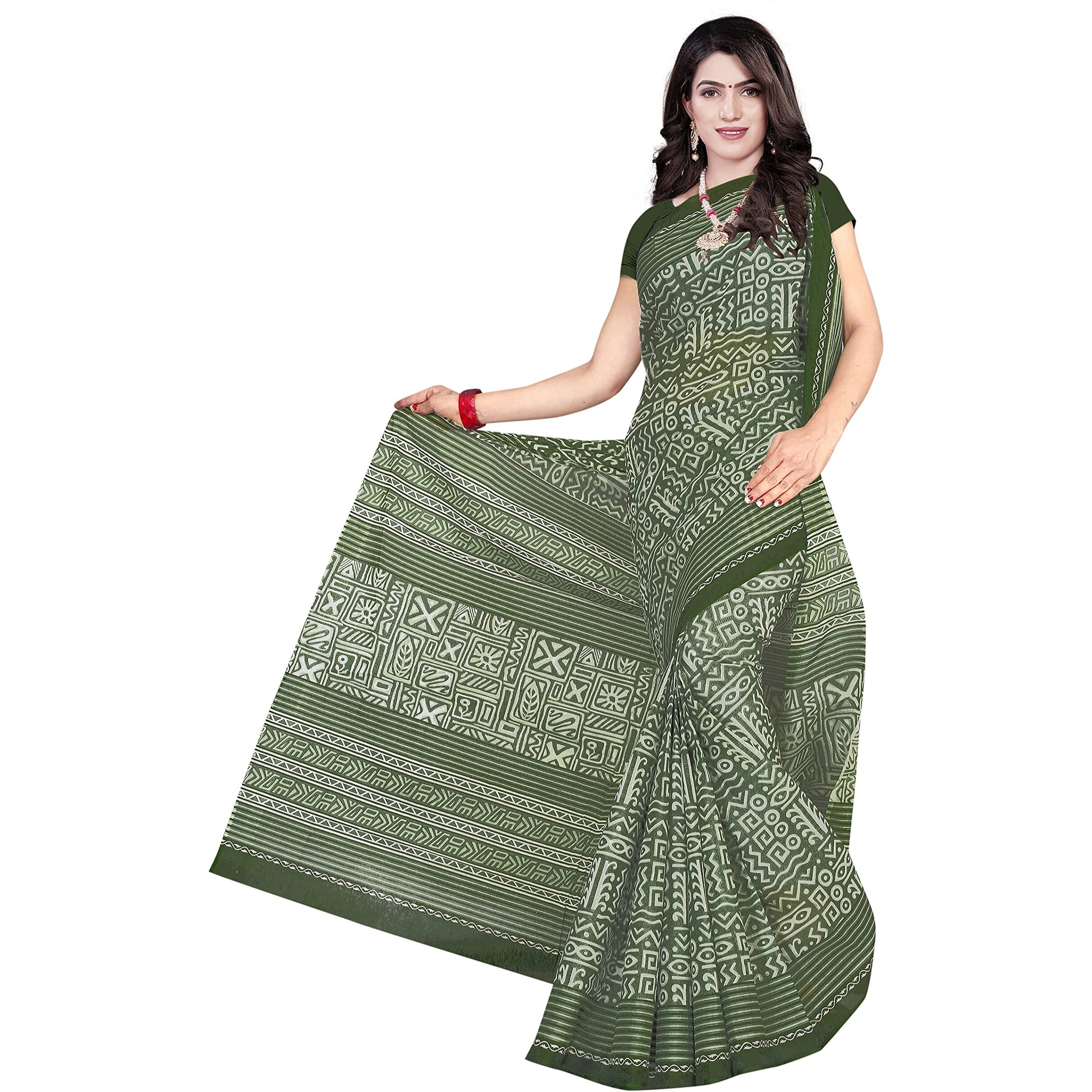 TAMAIRA FASHION Womens Plain Weave Pure Cotton Saree Without Blouse Piece(2203_BeigeandBottleGreen)