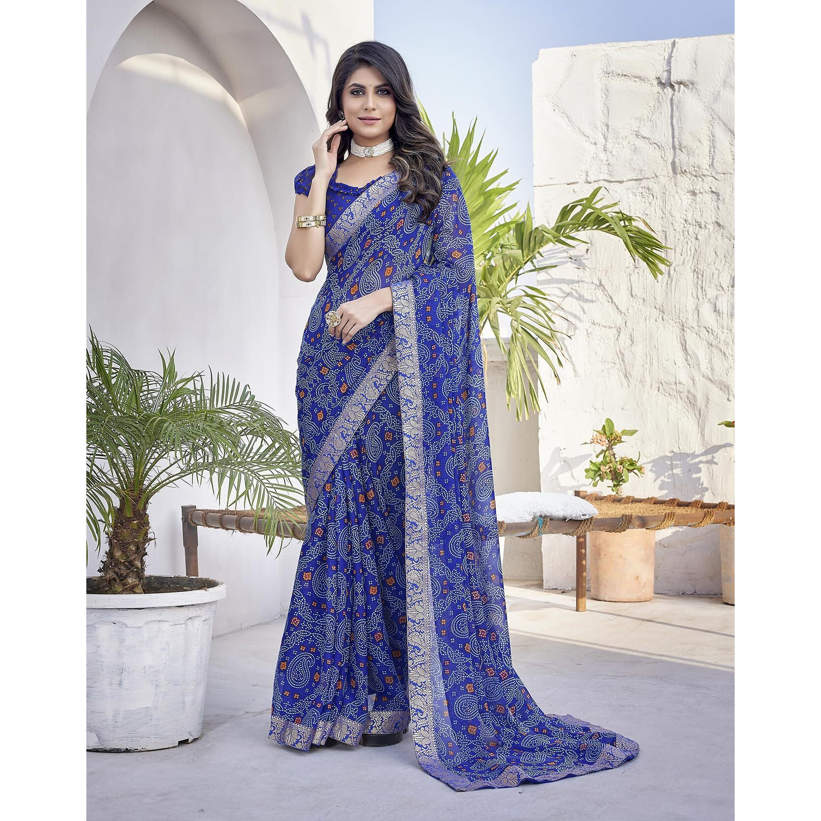 Yashika Womens Trendy Printed Jacquard Lace Georgette Saree with Blouse Material||Blue Coloured Georgette Beautiful Saree||AZ-YS-P1-GULSHAN BLUE