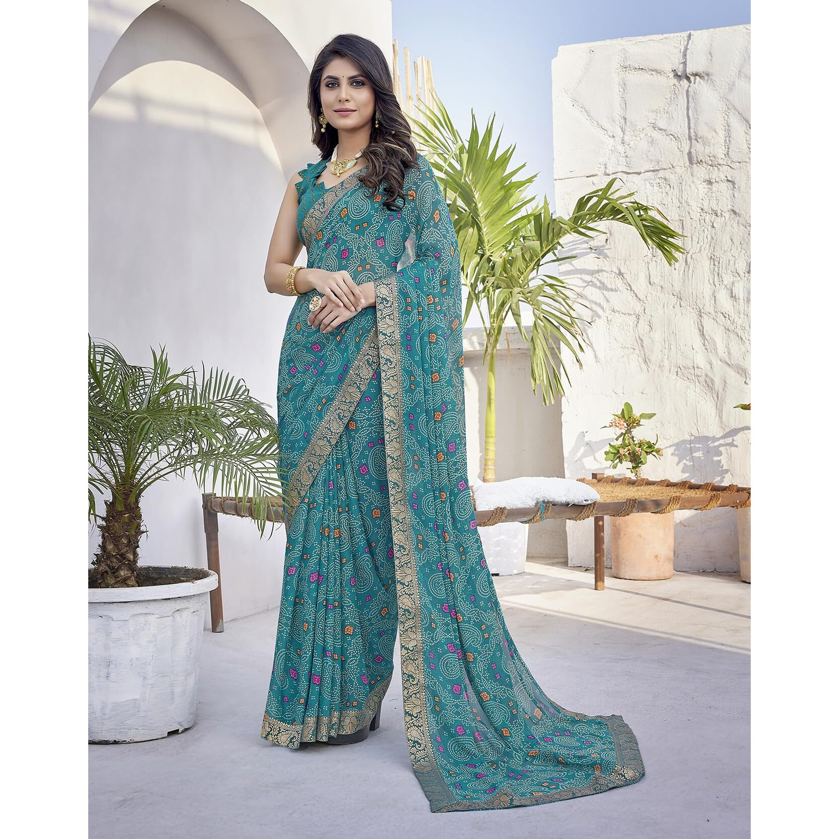Yashika Womens Trendy Printed Jacquard Lace Georgette Saree with Blouse Material||Rama Coloured Georgette Beautiful Saree||AZ-YS-P1-GULSHAN RAMA