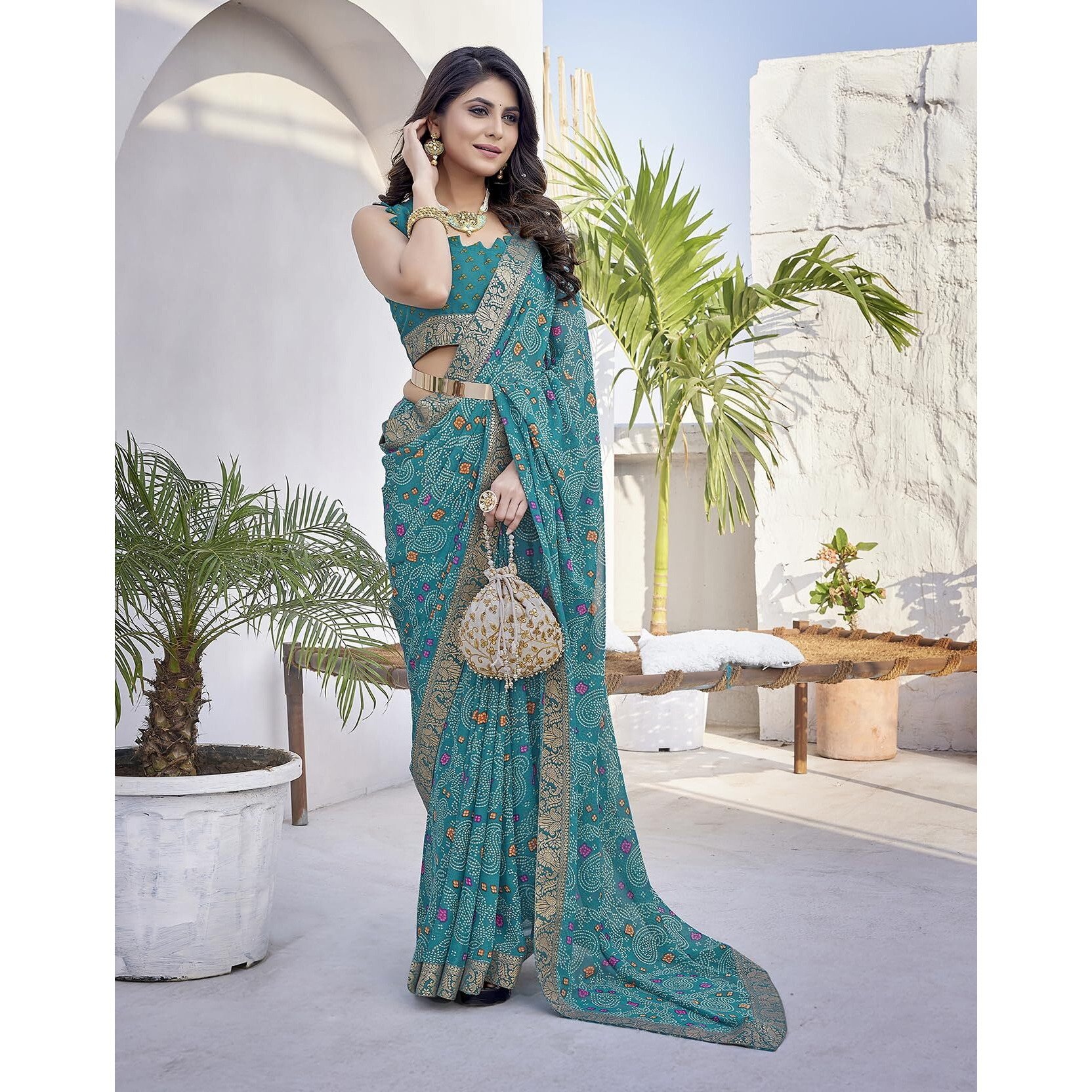 Yashika Womens Trendy Printed Jacquard Lace Georgette Saree with Blouse Material||Rama Coloured Georgette Beautiful Saree||AZ-YS-P1-GULSHAN RAMA