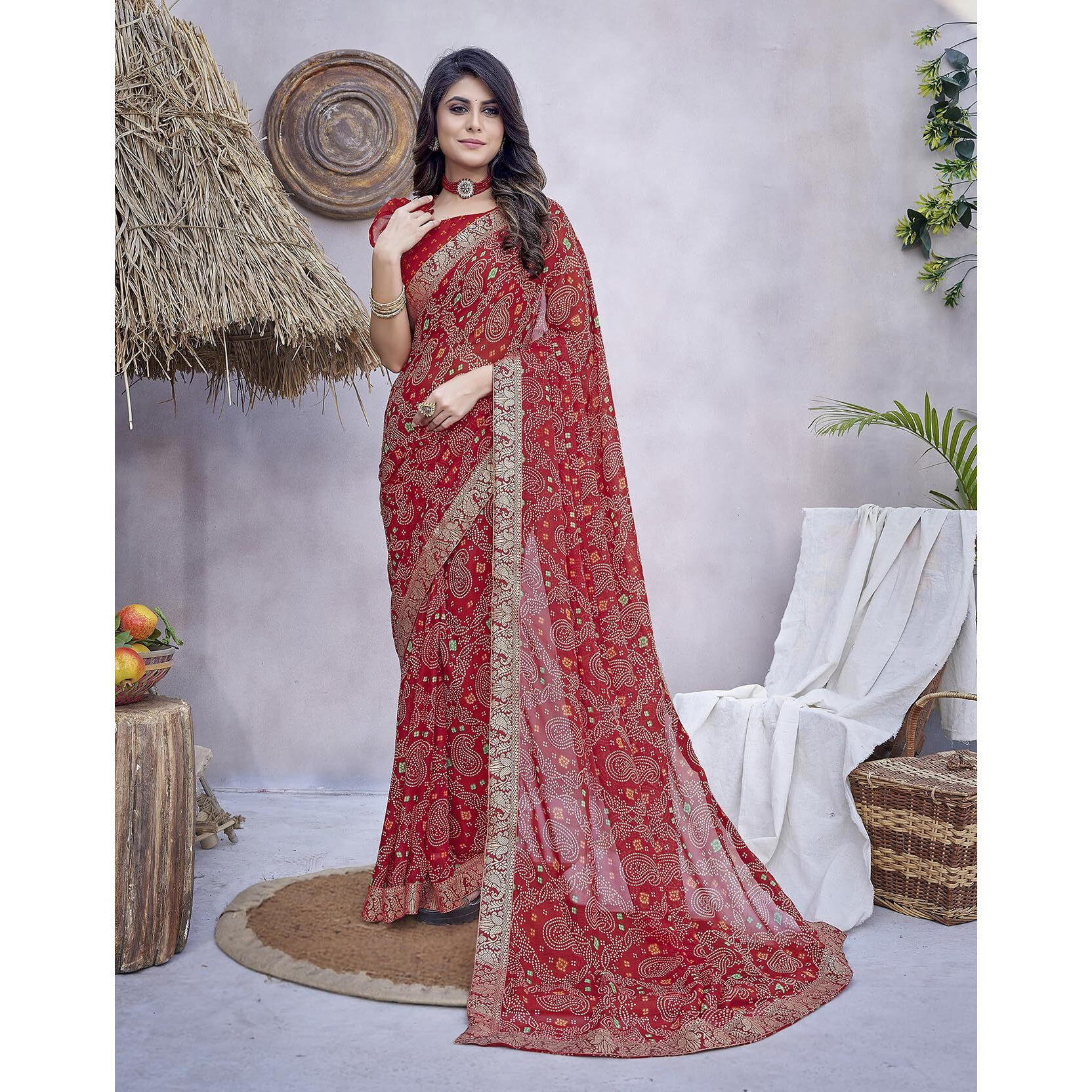 Yashika Womens Trendy Printed Jacquard Lace Georgette Saree with Blouse Material||Red Coloured Georgette Beautiful Saree||AZ-YS-P1-GULSHAN RED