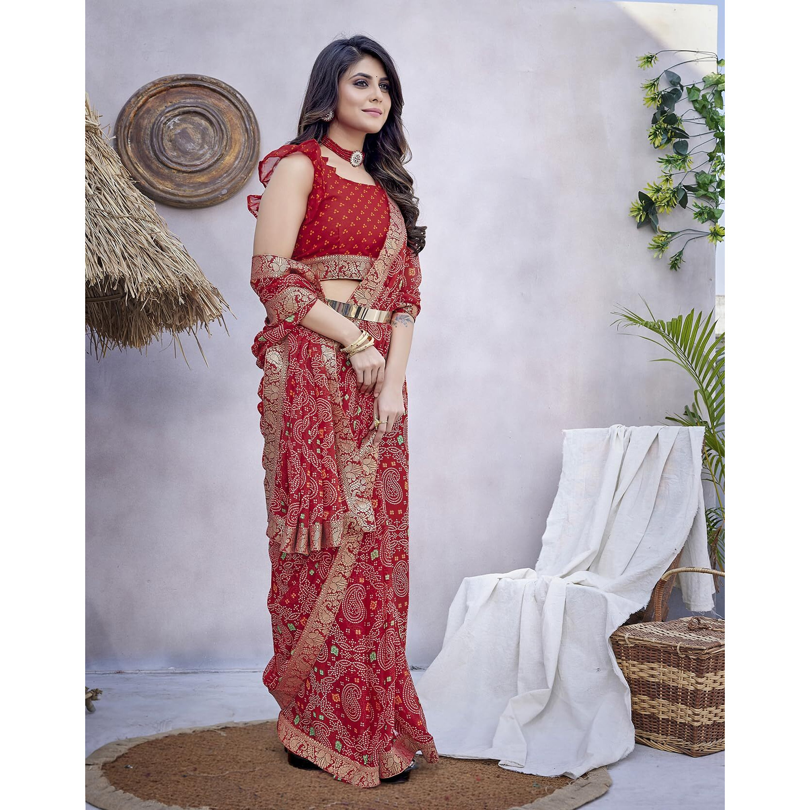 Yashika Womens Trendy Printed Jacquard Lace Georgette Saree with Blouse Material||Red Coloured Georgette Beautiful Saree||AZ-YS-P1-GULSHAN RED
