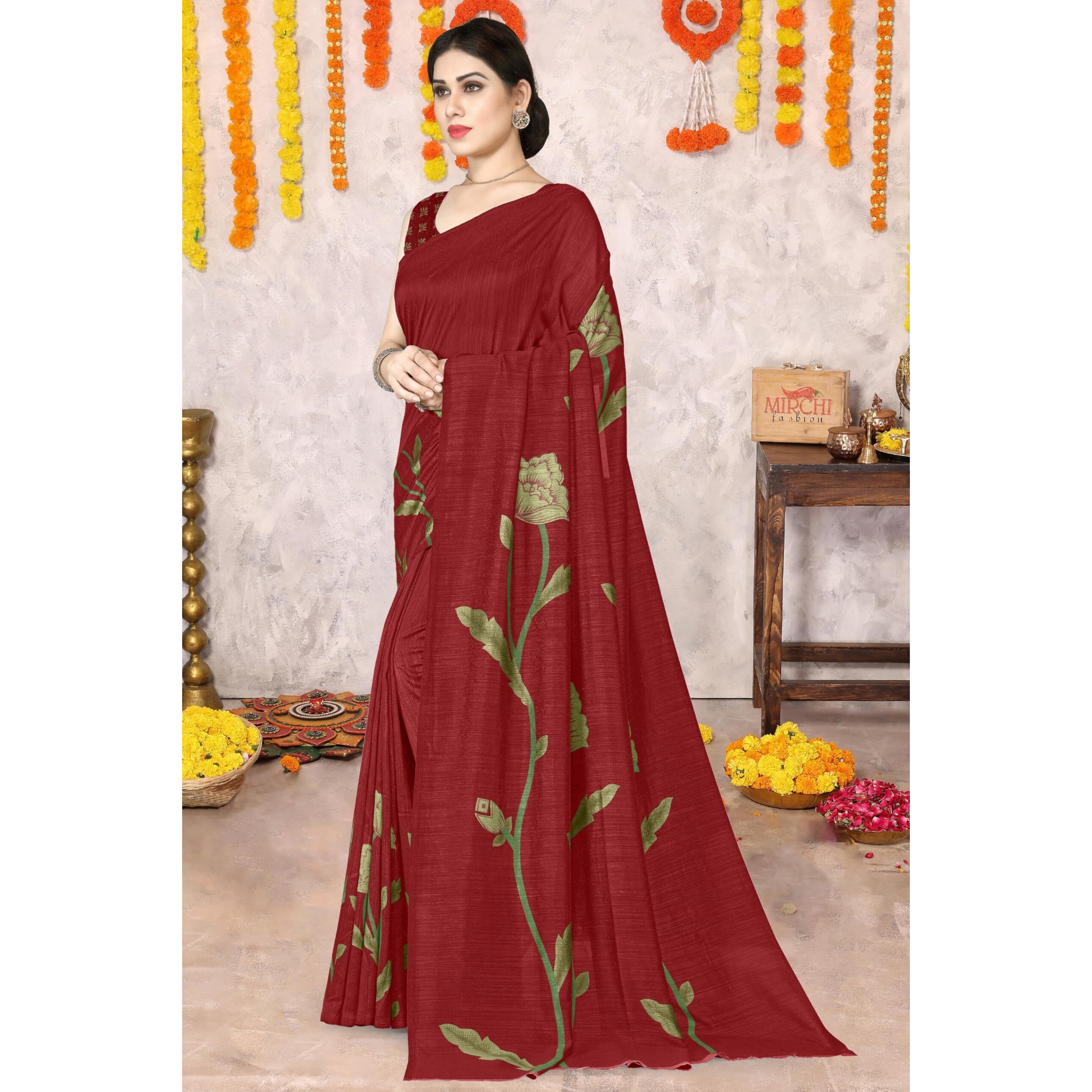 SOURBH Womens Vichitra Silk Floral Printed Saree with Blouse Piece (R41045-Red, Olive Green)