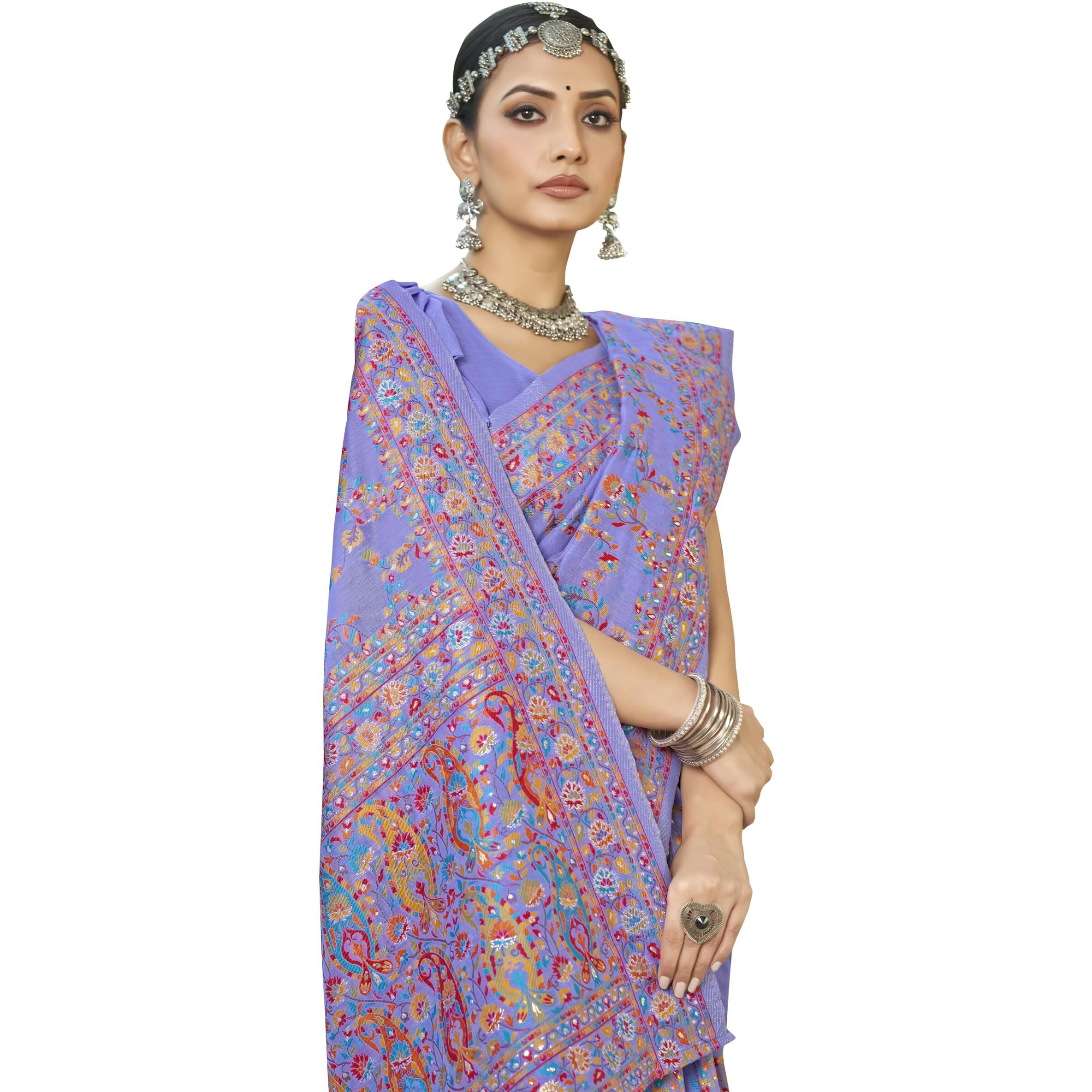 Glory Sarees Womens Kashmiri Pashmina Silk Woven Saree With Blouse Piece (Heritage_Silk108_Lavender)