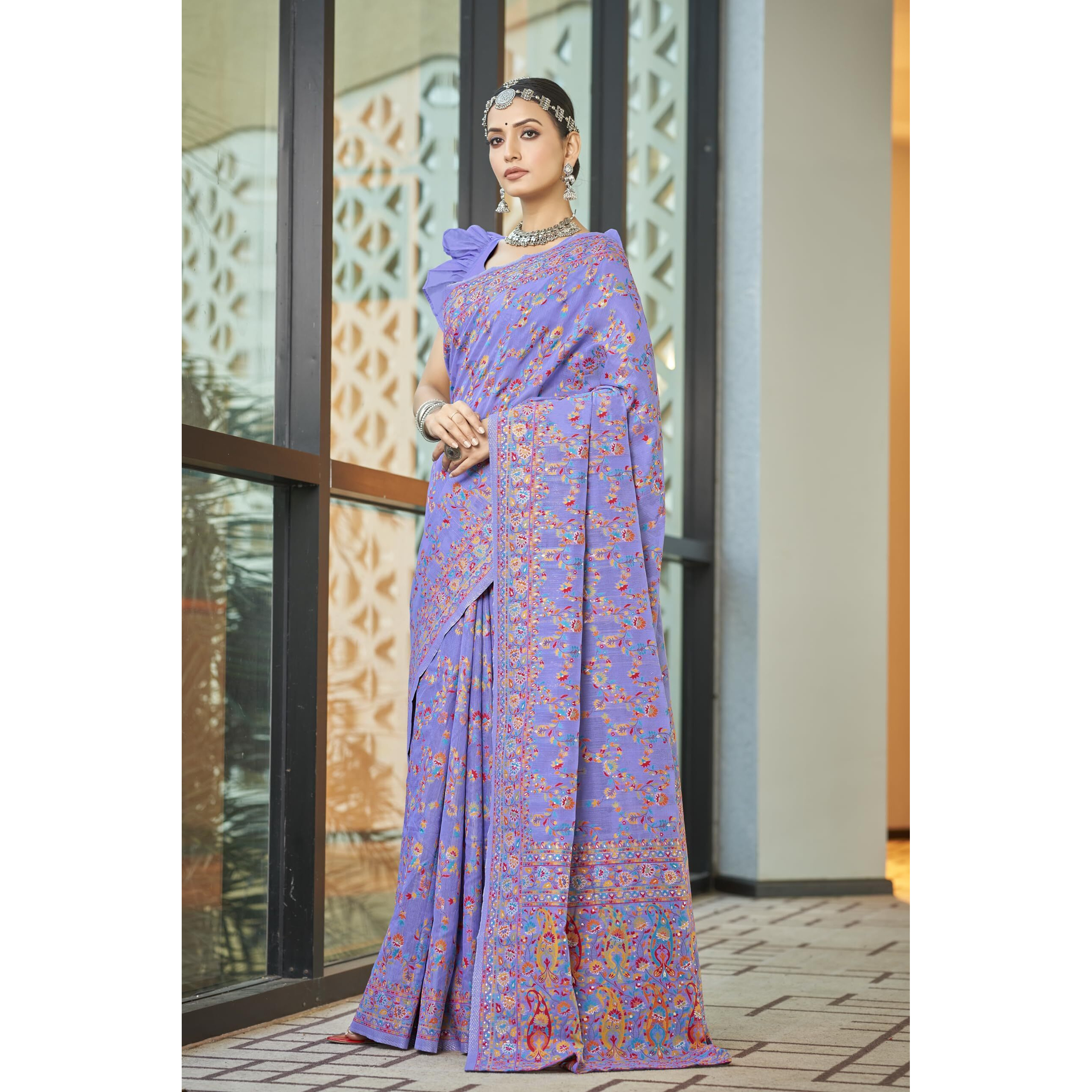 Glory Sarees Womens Kashmiri Pashmina Silk Woven Saree With Blouse Piece (Heritage_Silk108_Lavender)