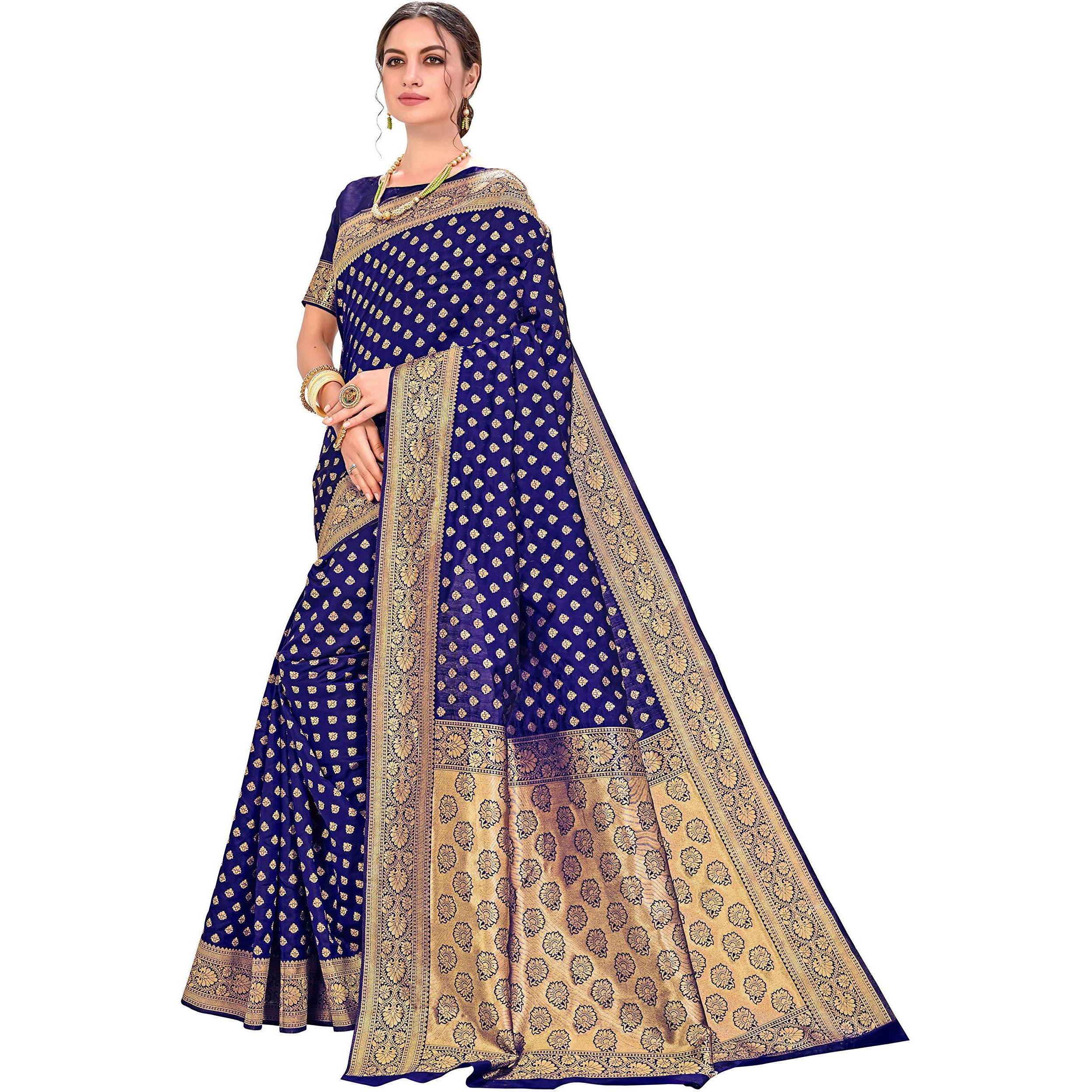 Glory Sarees Womens Jacquard Silk Blend Saree (kara128_navyblue_Navy Blue)