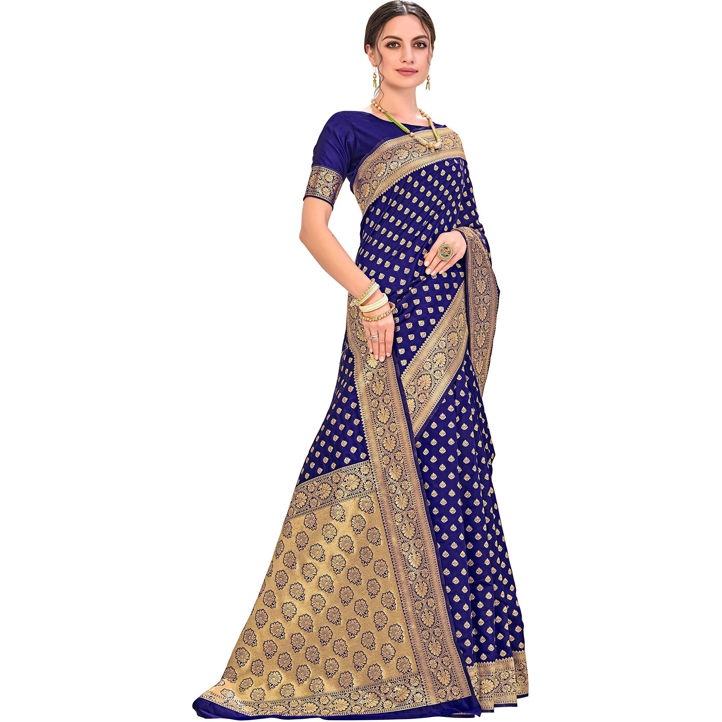 Glory Sarees Womens Jacquard Silk Blend Saree (kara128_navyblue_Navy Blue)