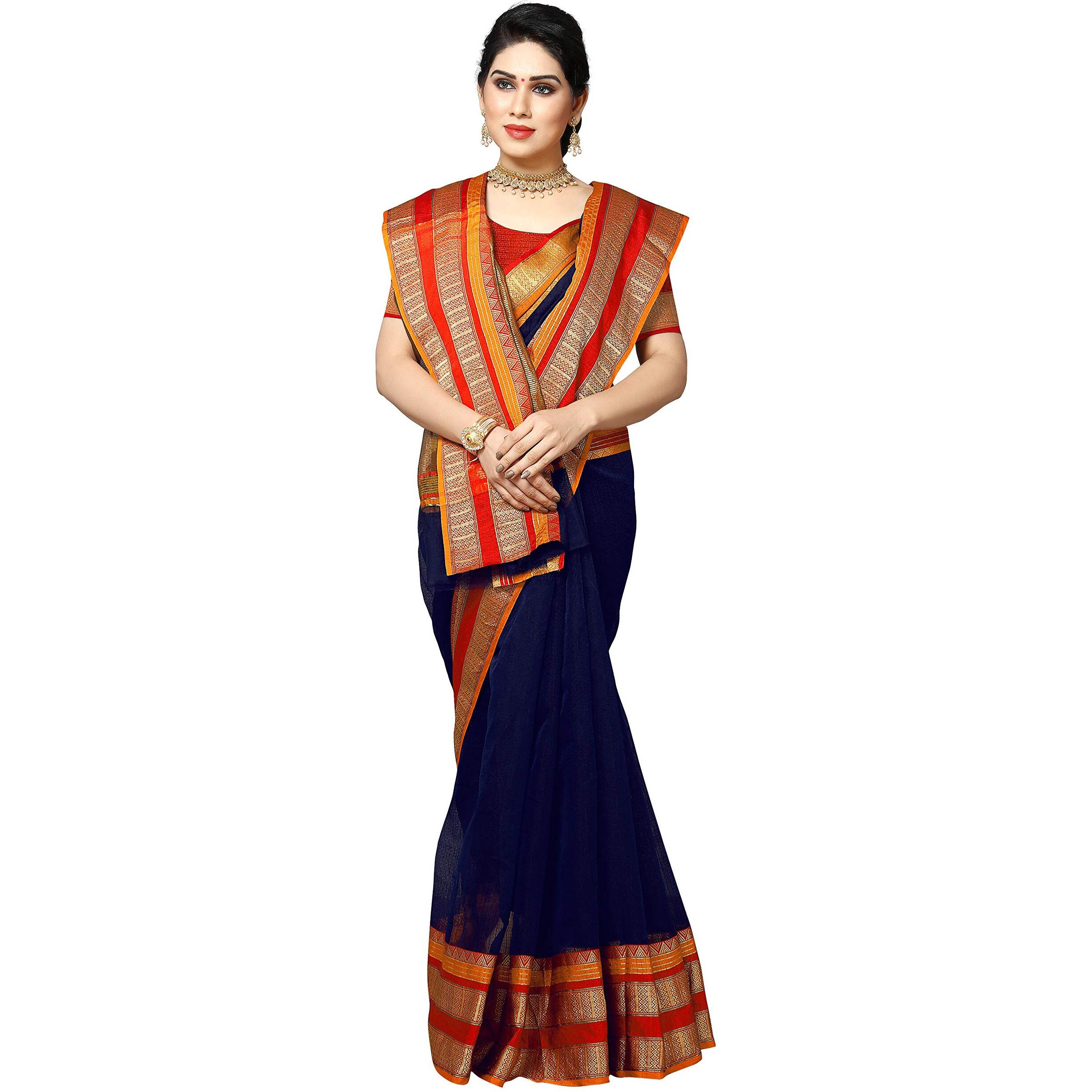 Sidhidata Womens Temple Border Kota Doria Cotton Manipuri Saree With Unstiched Blouse Piece (Kangana Nevy Blue1_Navy Blue_Free Size)