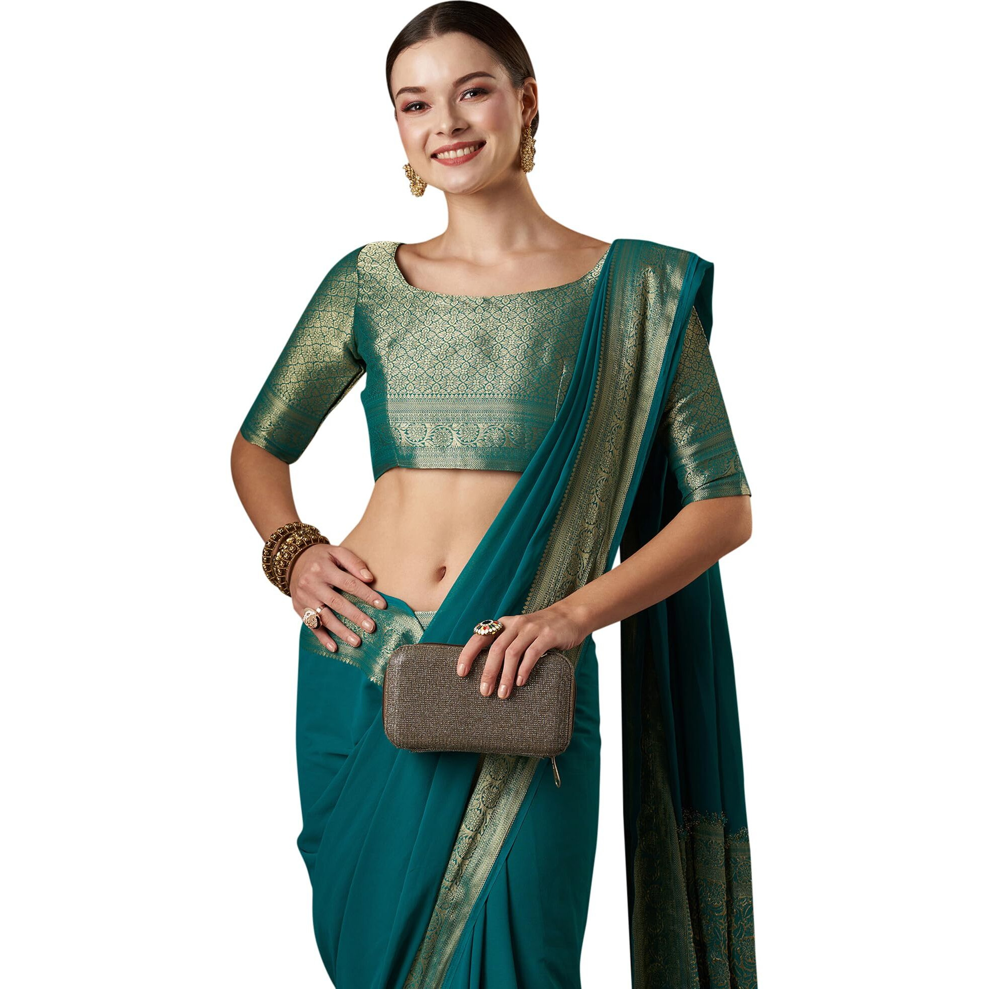 AKHILAM Womens Woven Design Solid Georgette Kanjeevaram Saree With Unstiched Blouse Piece (Blue_ARYA7002_FL)