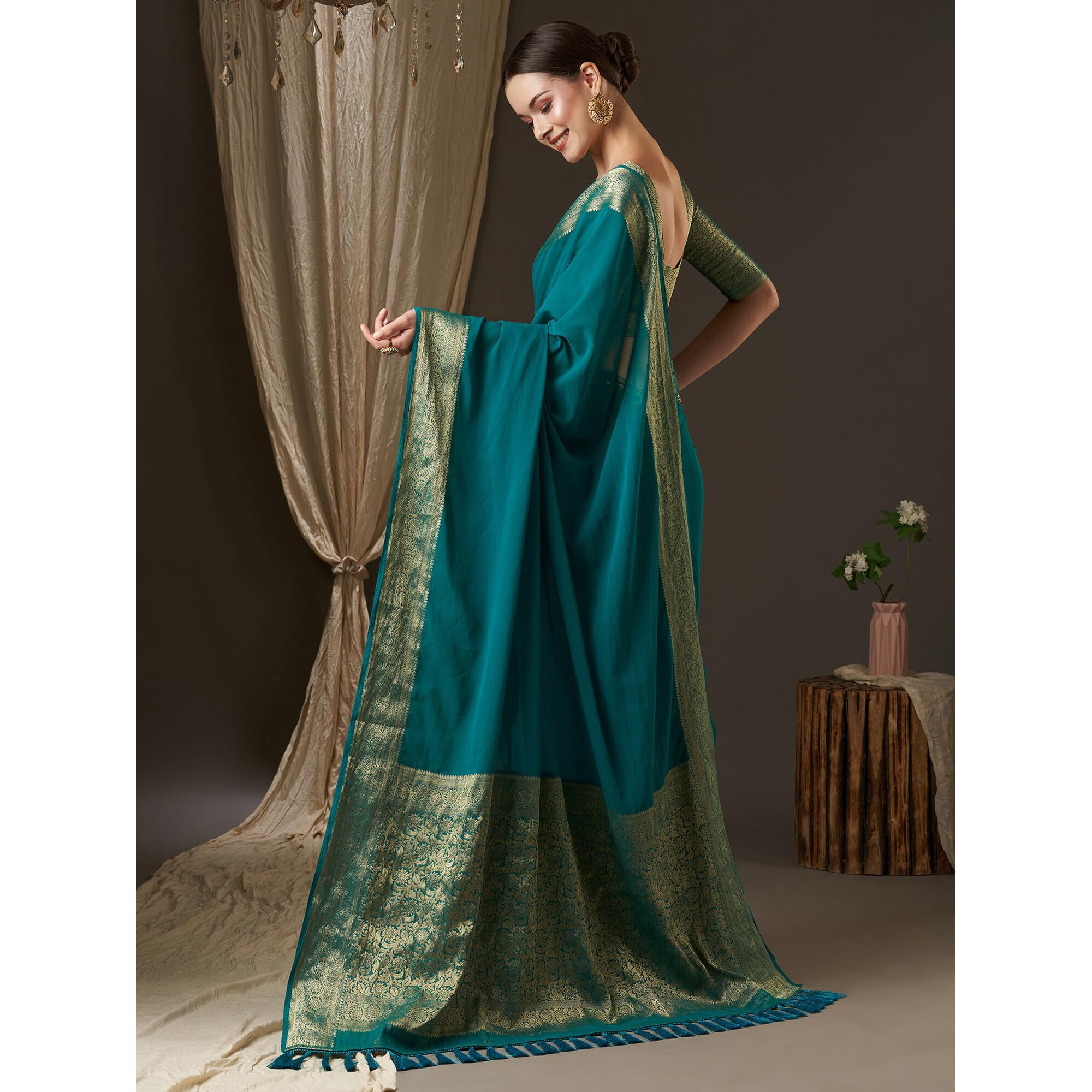 AKHILAM Womens Woven Design Solid Georgette Kanjeevaram Saree With Unstiched Blouse Piece (Blue_ARYA7002_FL)