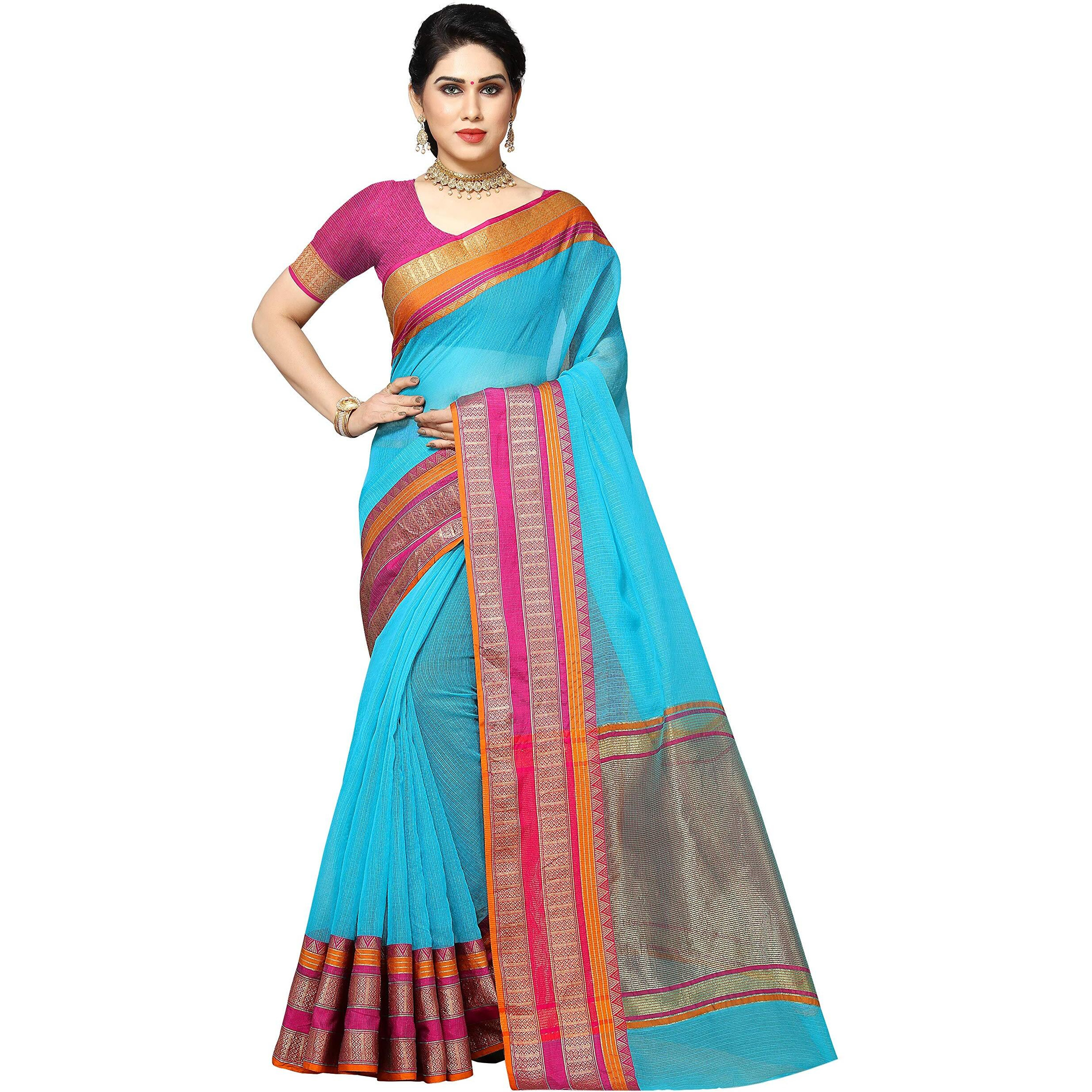 Sidhidata Womens Temple Border Kota Doria Cotton Manipuri Saree With Unstiched Blouse Piece (Kangana Sky Blue_Sky Blue_Free Size)