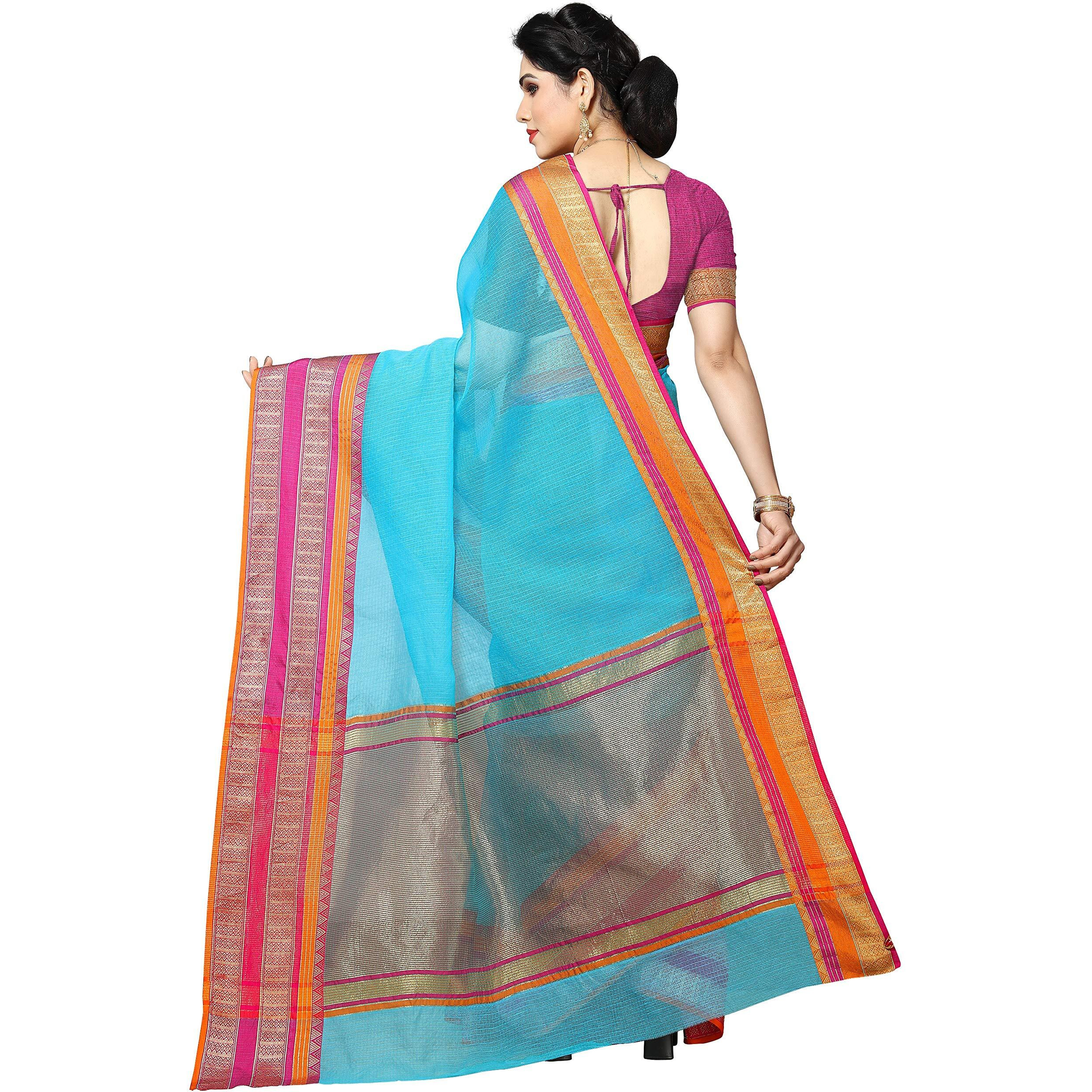 Sidhidata Womens Temple Border Kota Doria Cotton Manipuri Saree With Unstiched Blouse Piece (Kangana Sky Blue_Sky Blue_Free Size)