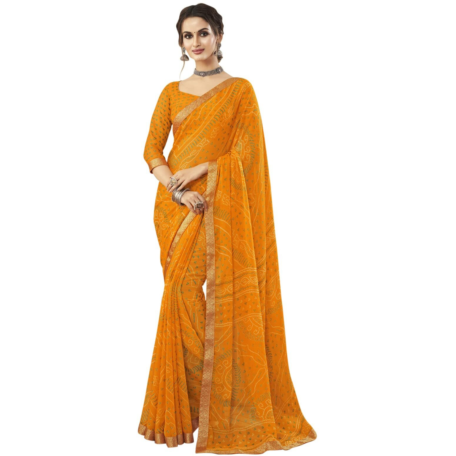 SIRIL Womens Bandhani Printed & Lace Chiffon Saree with Blouse(2202S868_Turmeric Yellow)