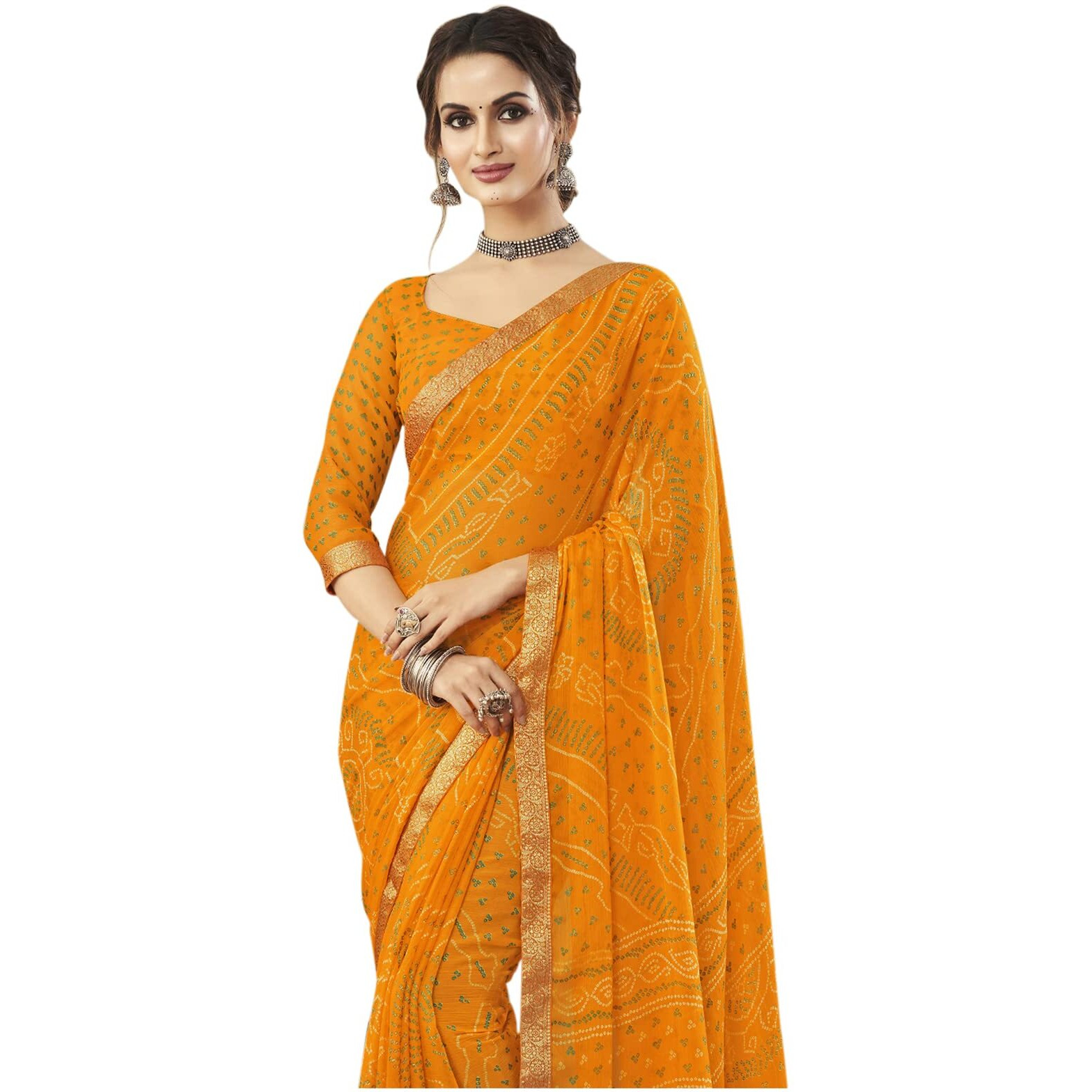 SIRIL Womens Bandhani Printed & Lace Chiffon Saree with Blouse(2202S868_Turmeric Yellow)
