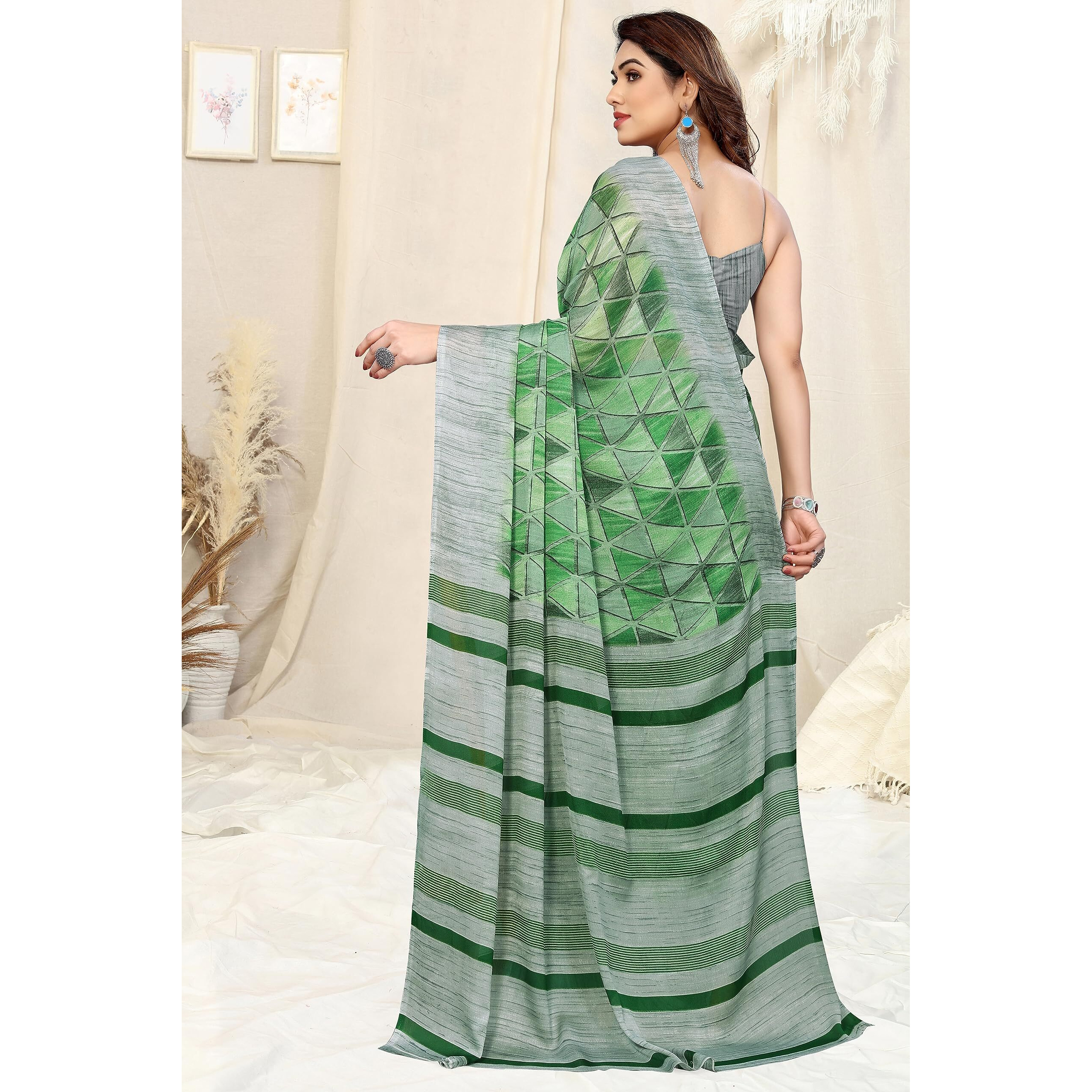 MIRCHI FASHION Womens Chiffon Geometric Printed Saree with Blouse Piece (39105-Green, Light Green)