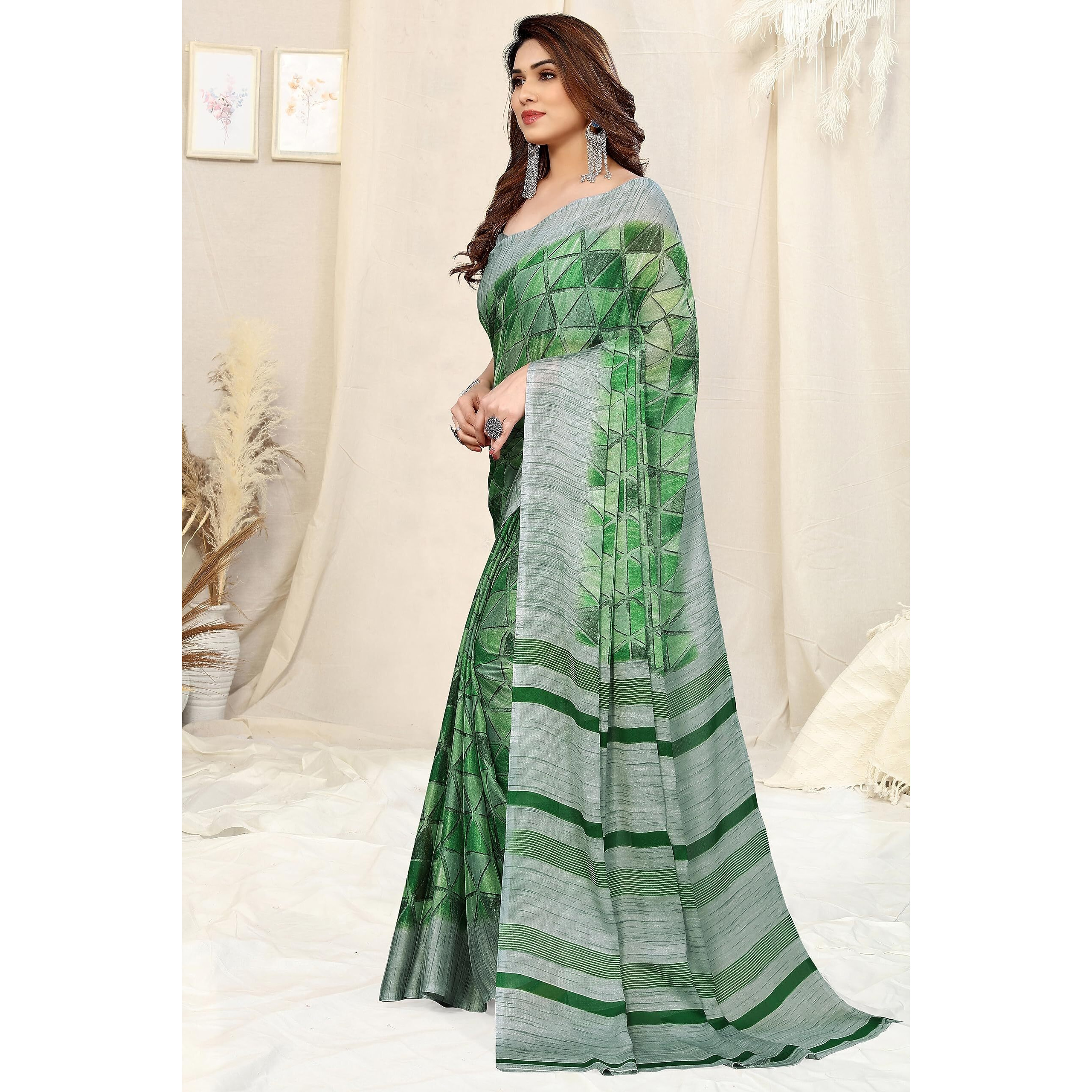 MIRCHI FASHION Womens Chiffon Geometric Printed Saree with Blouse Piece (39105-Green, Light Green)