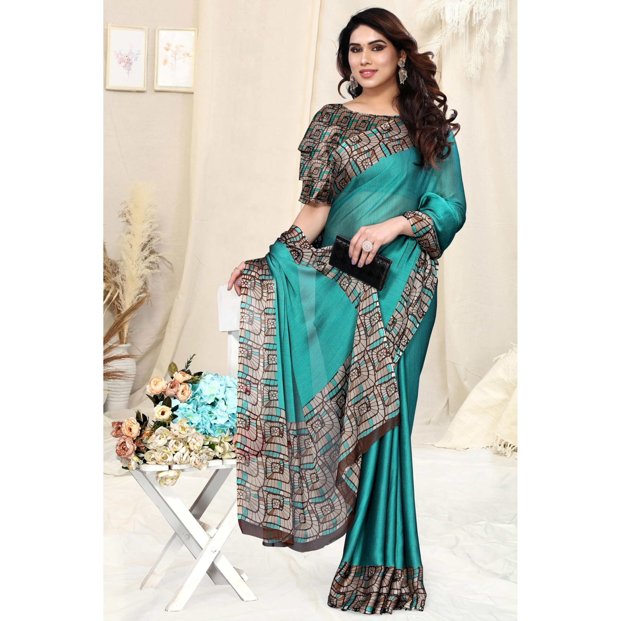 MIRCHI FASHION Womens Chiffon Contrast Border Printed Solid Saree with Blouse Piece (39703-Turquoise)