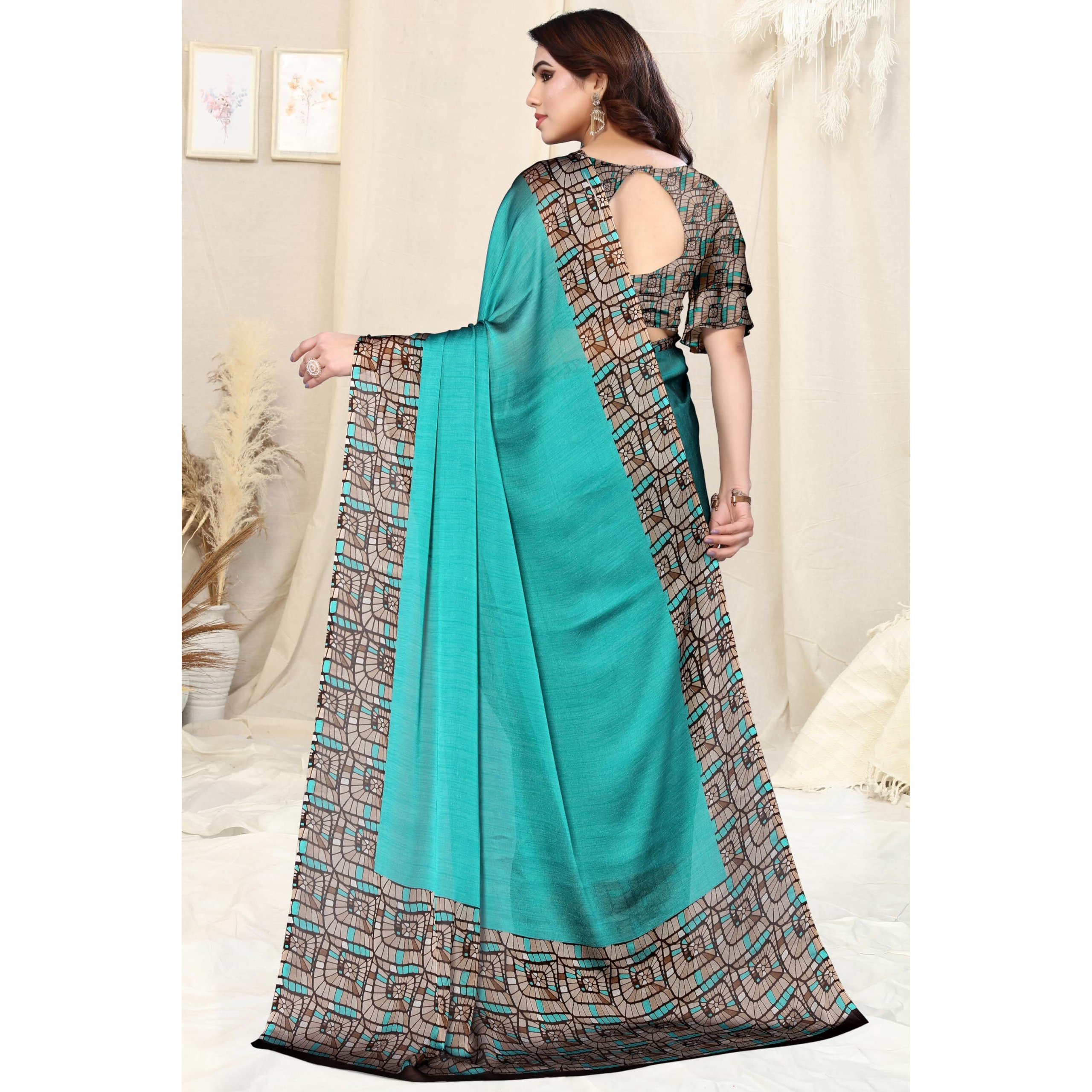 MIRCHI FASHION Womens Chiffon Contrast Border Printed Solid Saree with Blouse Piece (39703-Turquoise)
