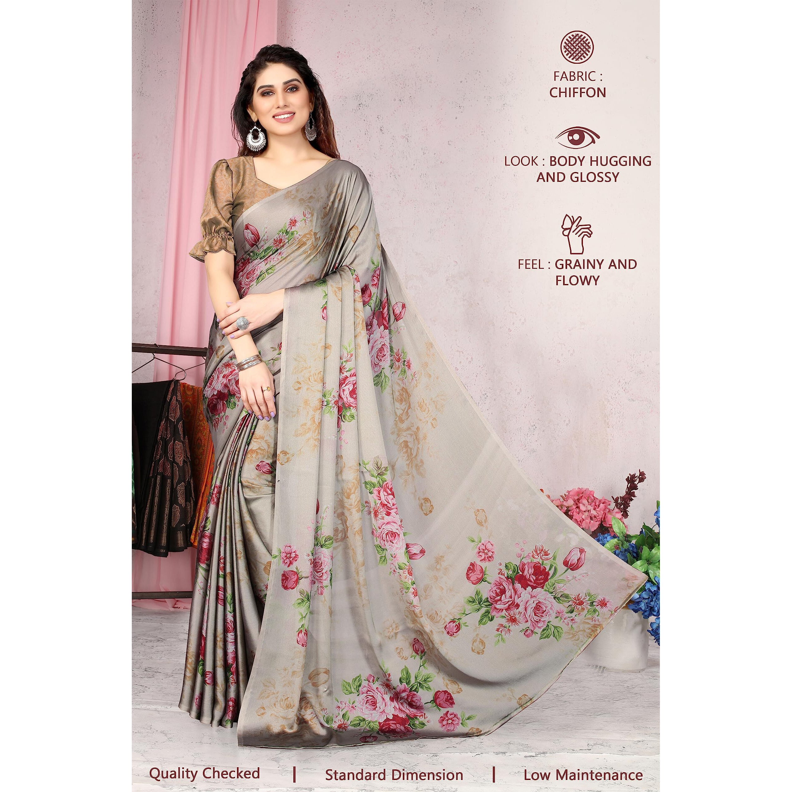 MIRCHI FASHION Womens Plain Weave Chiffon Floral Printed Saree with Blouse Piece (37866-Beige, Pink)