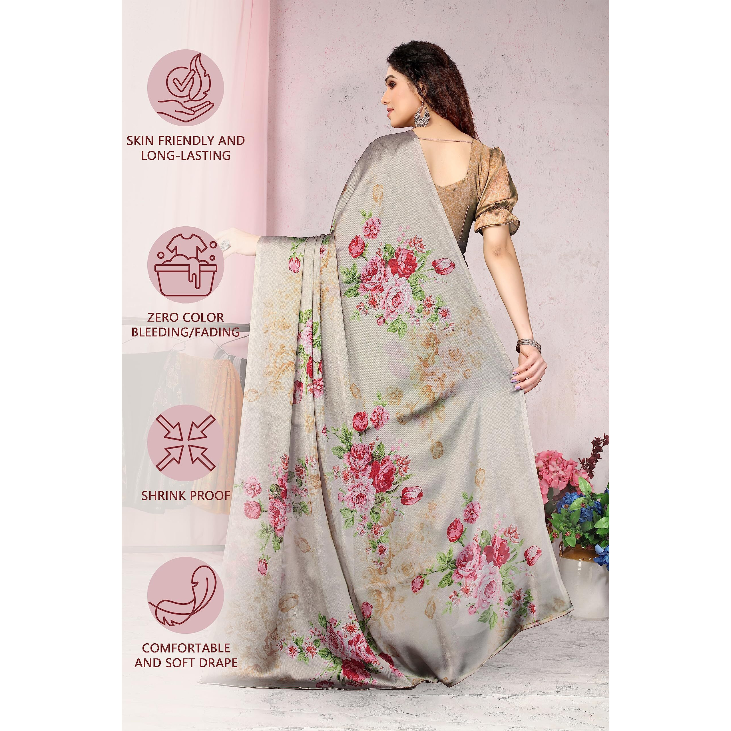 MIRCHI FASHION Womens Plain Weave Chiffon Floral Printed Saree with Blouse Piece (37866-Beige, Pink)