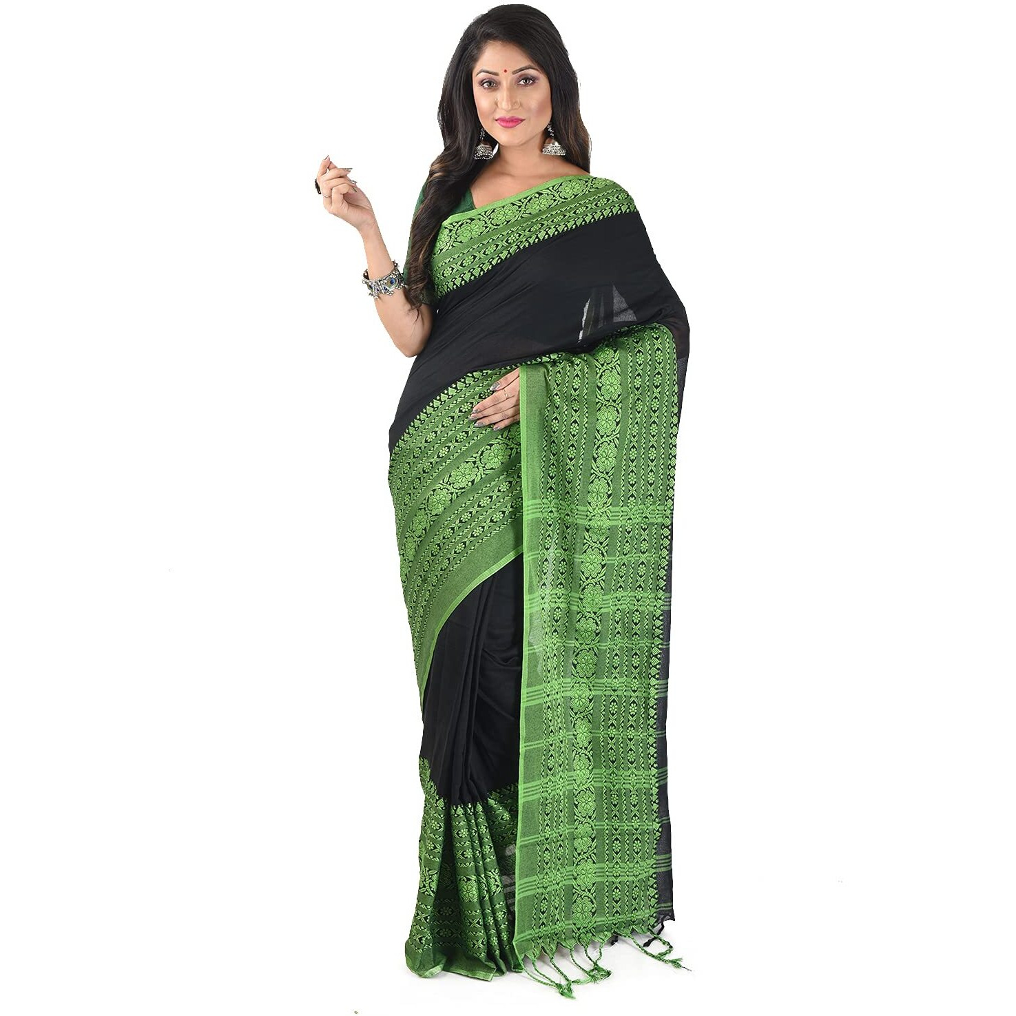 CHHANDA HANDLOOM SAREES Elegant Womens Pure Cotton Handloom Saree in Bengali Begampuri Style for Weddings,Haldi,Mehndi,Festivals | Wide Border for a Sophisticated Look - (With Blouse Piece)