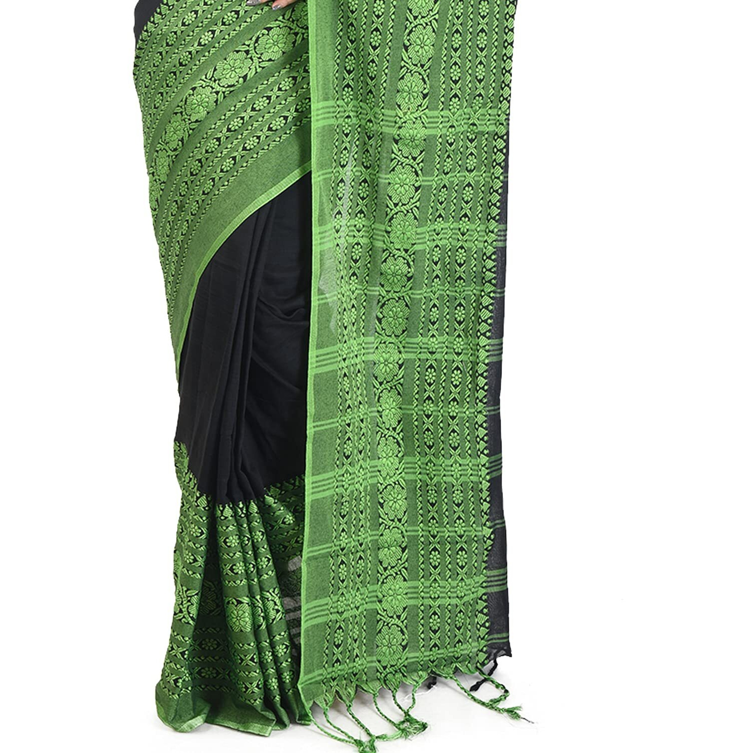 CHHANDA HANDLOOM SAREES Elegant Womens Pure Cotton Handloom Saree in Bengali Begampuri Style for Weddings,Haldi,Mehndi,Festivals | Wide Border for a Sophisticated Look - (With Blouse Piece)