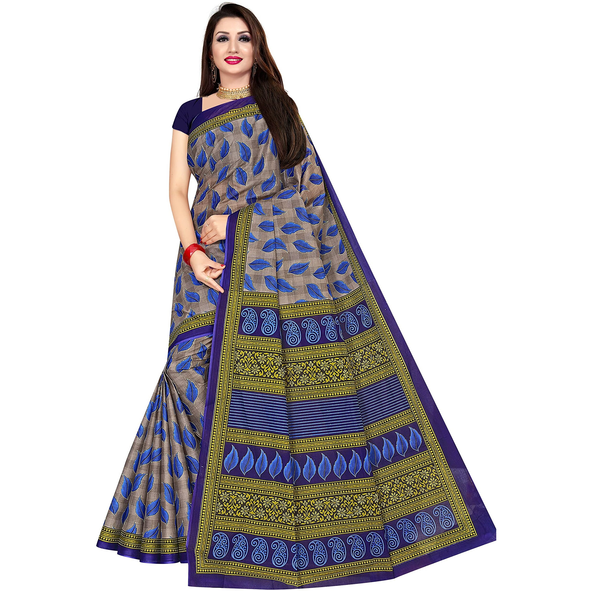 TAMAIRA FASHION Womens Plain Weave Pure Cotton Saree Without Blouse Piece(1354_Grey&Blue)
