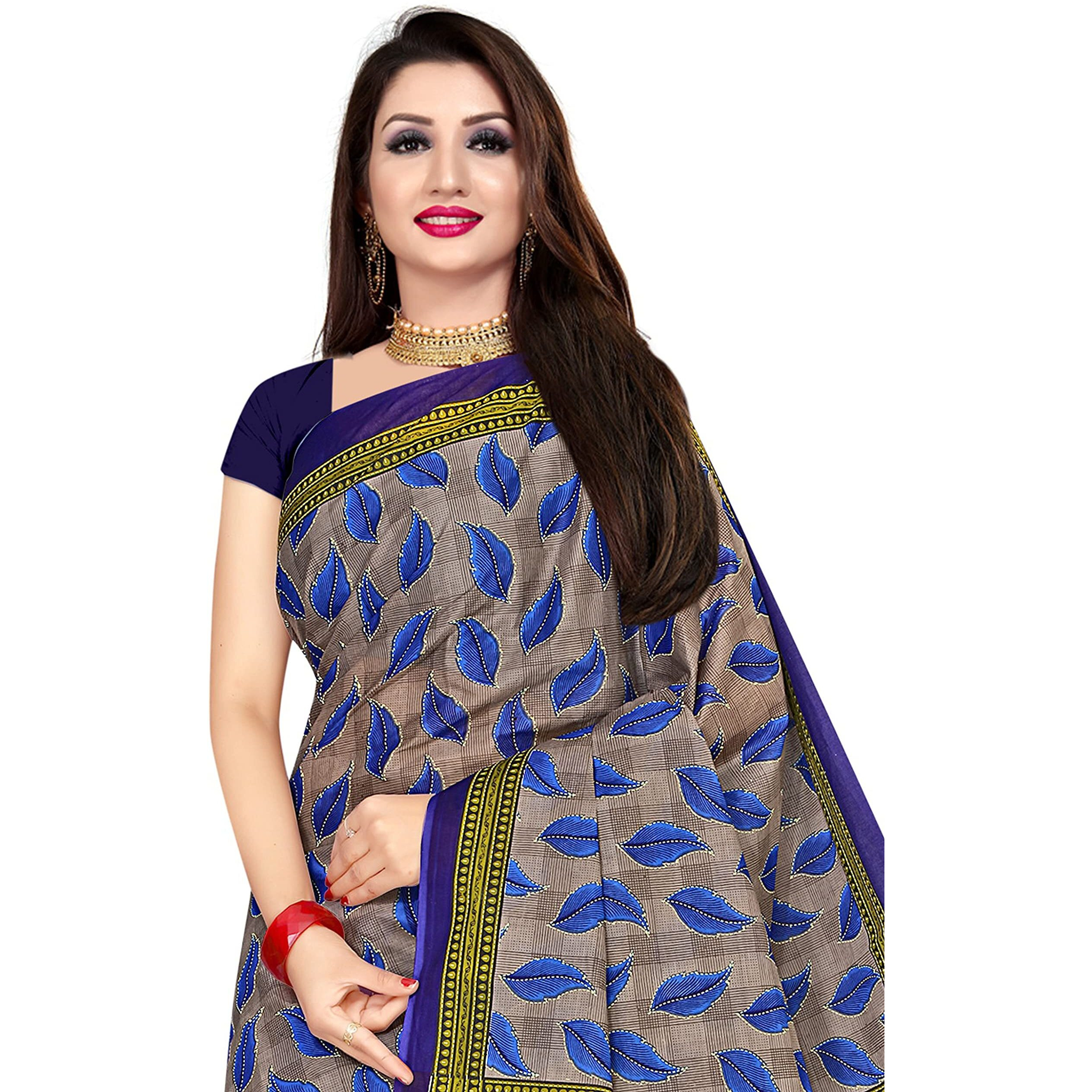 TAMAIRA FASHION Womens Plain Weave Pure Cotton Saree Without Blouse Piece(1354_Grey&Blue)
