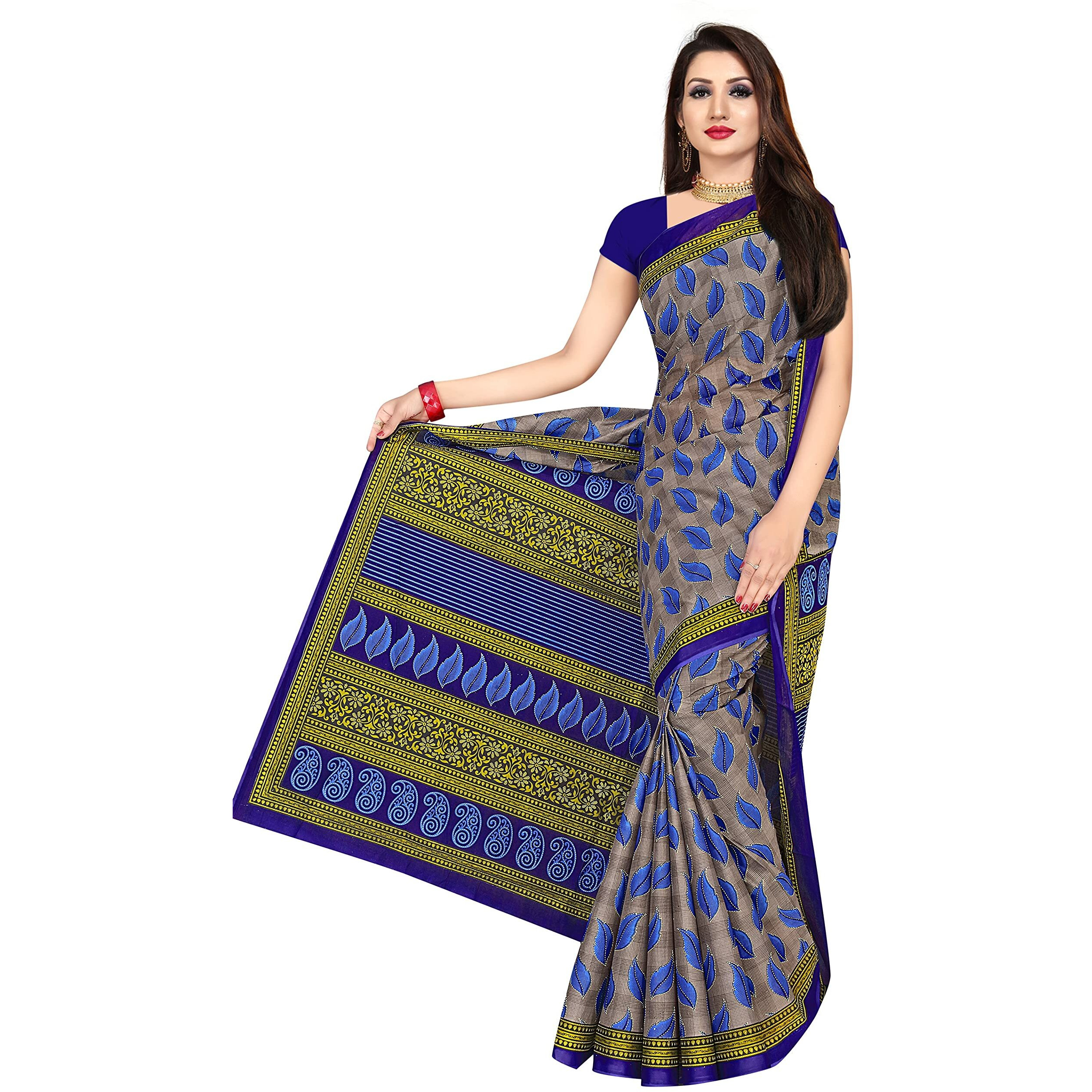 TAMAIRA FASHION Womens Plain Weave Pure Cotton Saree Without Blouse Piece(1354_Grey&Blue)