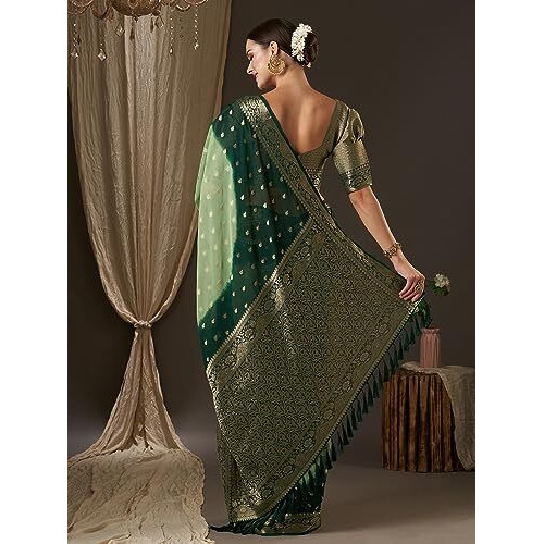 AKHILAM Womens Woven Design Ethnic Motif Georgette Saree With Unstiched Blouse Piece, Light Green