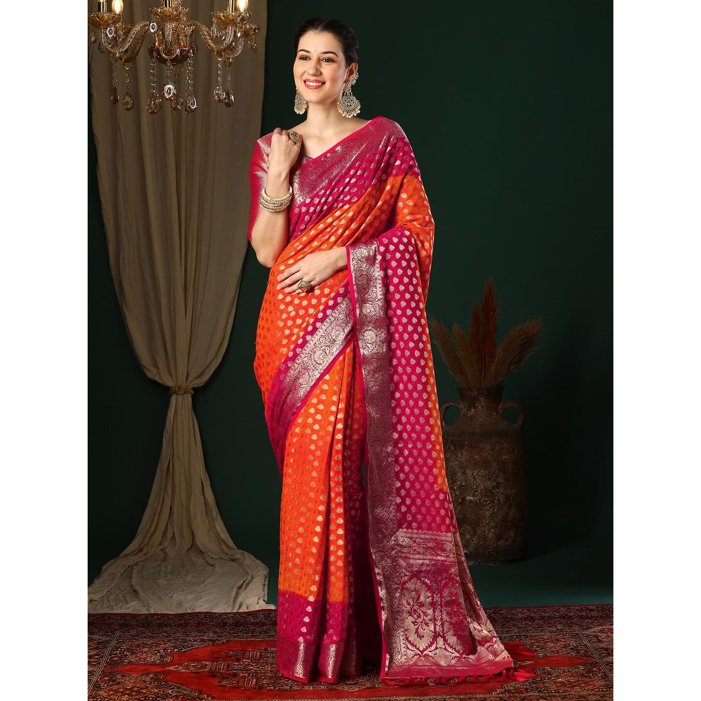 AKHILAM Womens Orange Georgette Zari Woven Design Saree with Unstitched Blouse Piece (ARYA2705_FL)