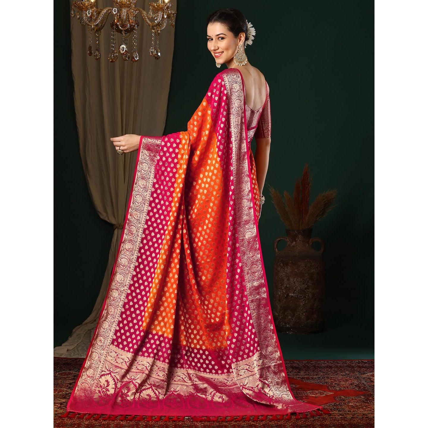 AKHILAM Womens Orange Georgette Zari Woven Design Saree with Unstitched Blouse Piece (ARYA2705_FL)