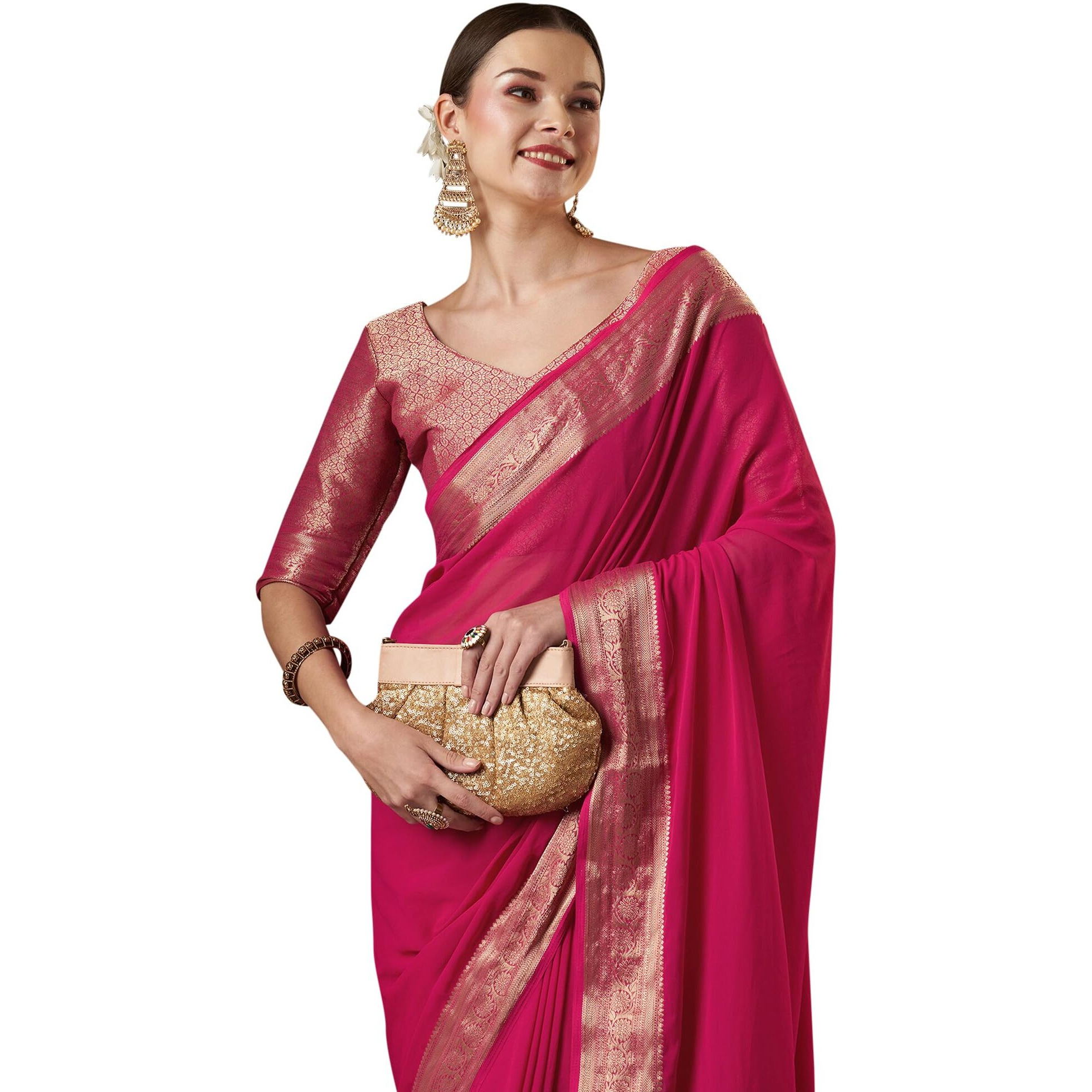 AKHILAM Womens Woven Design Solid Georgette Kanjeevaram Saree With Unstiched Blouse Piece (Pink_ARYA7006_FL)