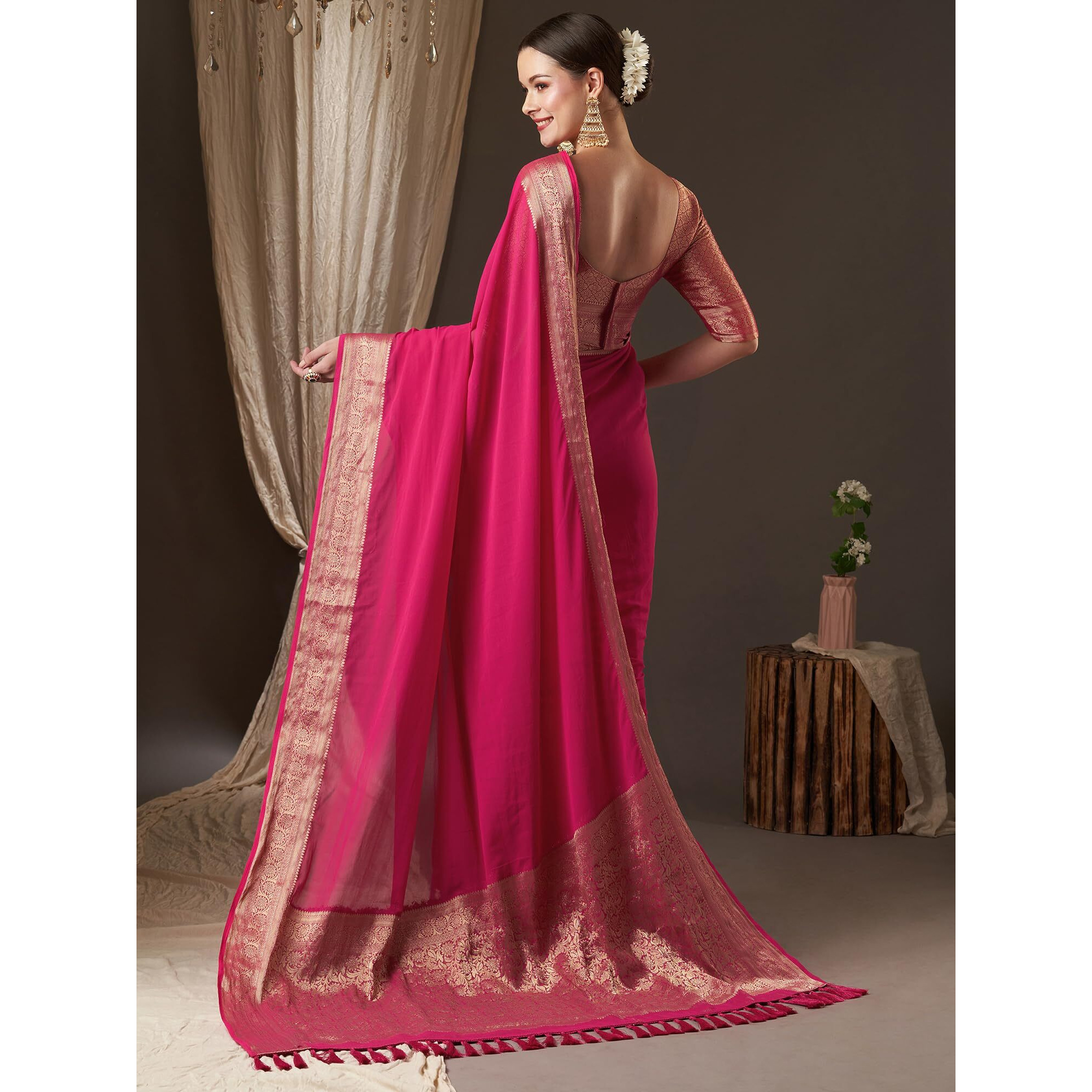 AKHILAM Womens Woven Design Solid Georgette Kanjeevaram Saree With Unstiched Blouse Piece (Pink_ARYA7006_FL)