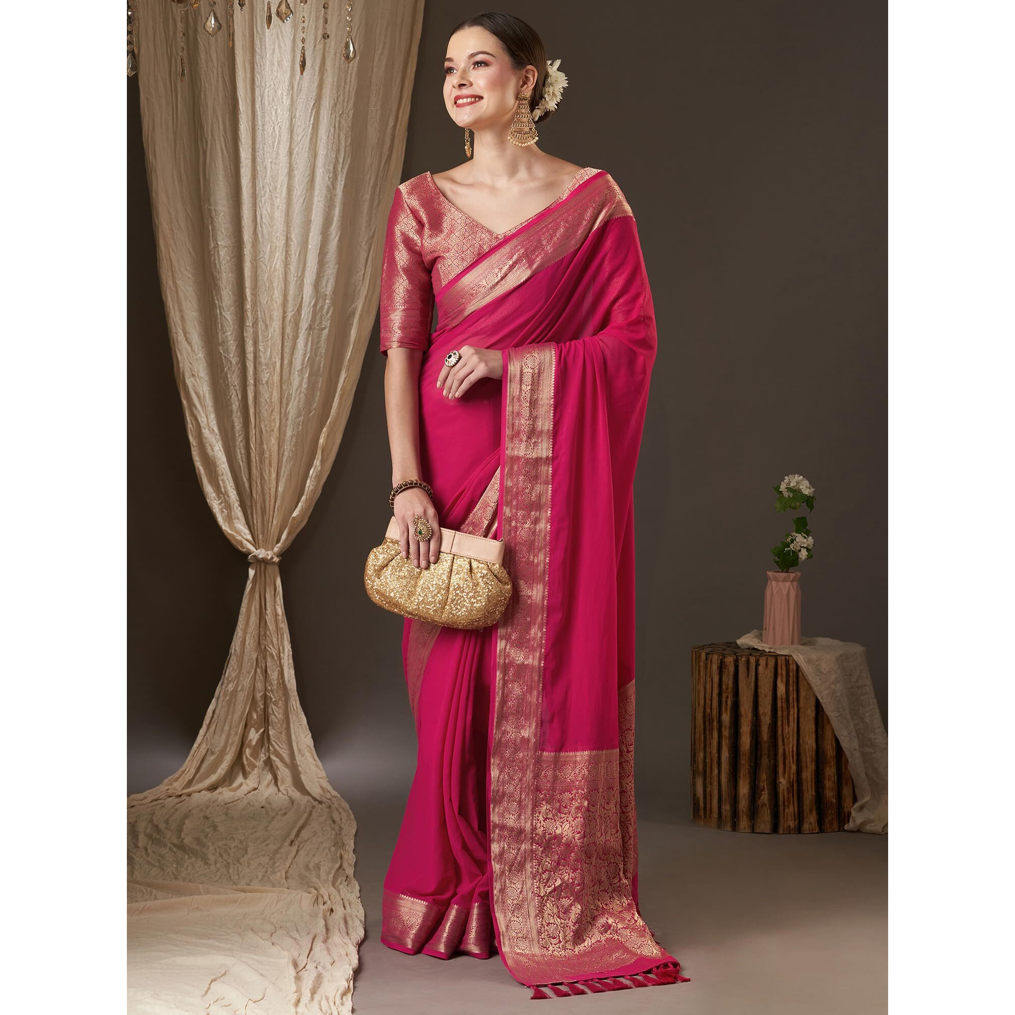 AKHILAM Womens Woven Design Solid Georgette Kanjeevaram Saree With Unstiched Blouse Piece (Pink_ARYA7006_FL)