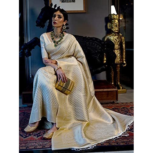 AKHILAM Womens Kanjivaram banarasi silk Woven Design Saree With Unstitched Blouse Piece (Creamy White_KNDIN145003_5)