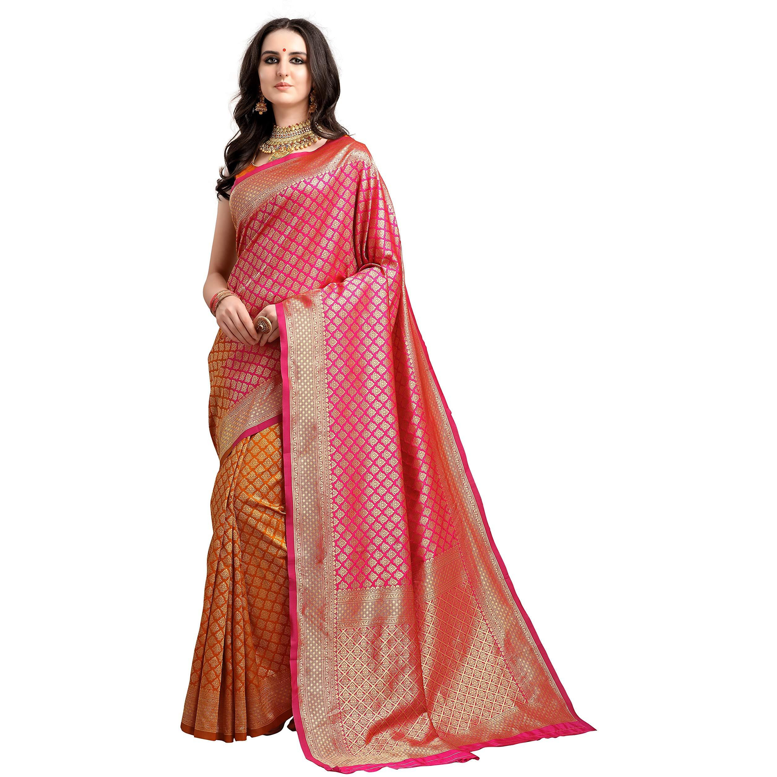 EthnicJunction Womens Kanjeevaram Silk Half and Half Saree with Blouse Piece (Pink and Mustard)