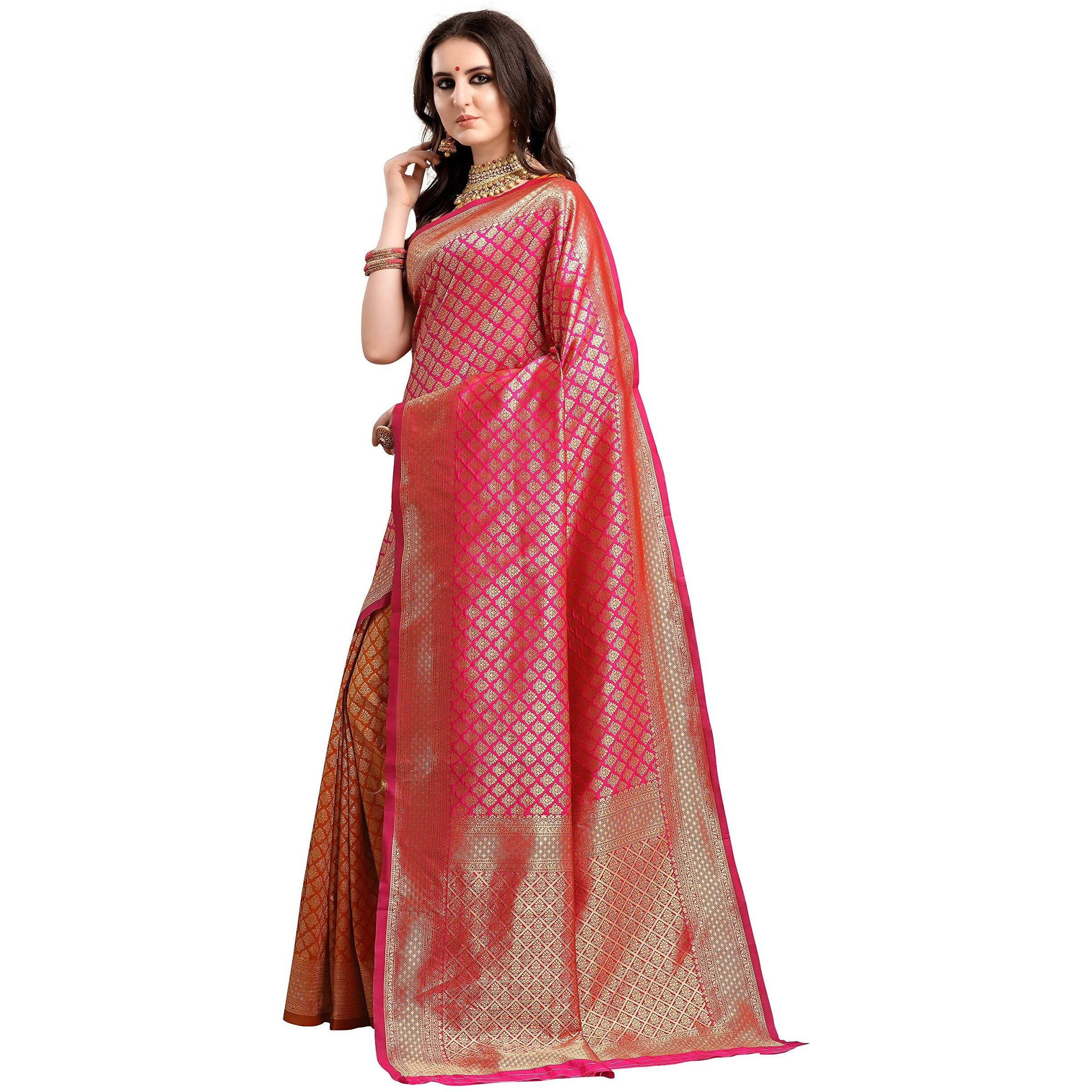 EthnicJunction Womens Kanjeevaram Silk Half and Half Saree with Blouse Piece (Pink and Mustard)
