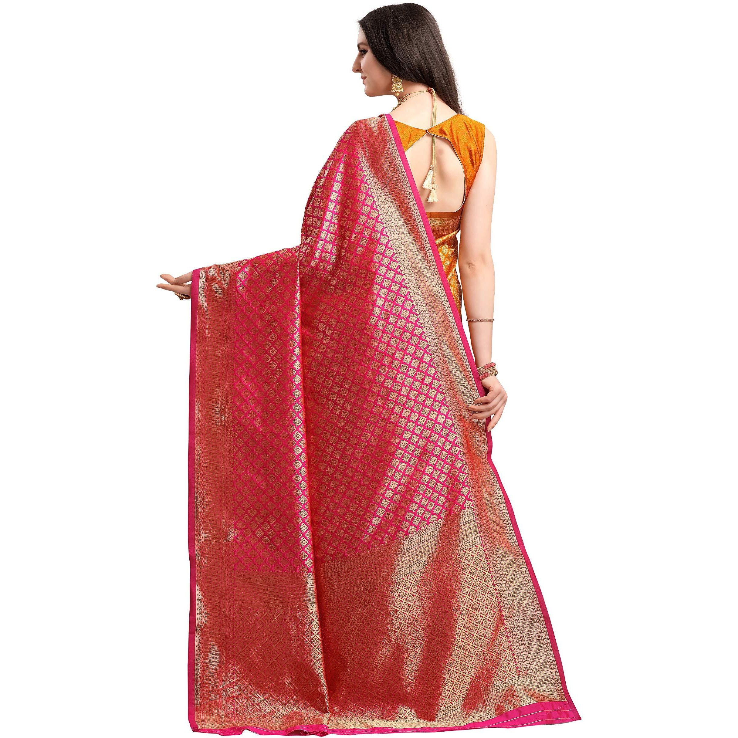 EthnicJunction Womens Kanjeevaram Silk Half and Half Saree with Blouse Piece (Pink and Mustard)